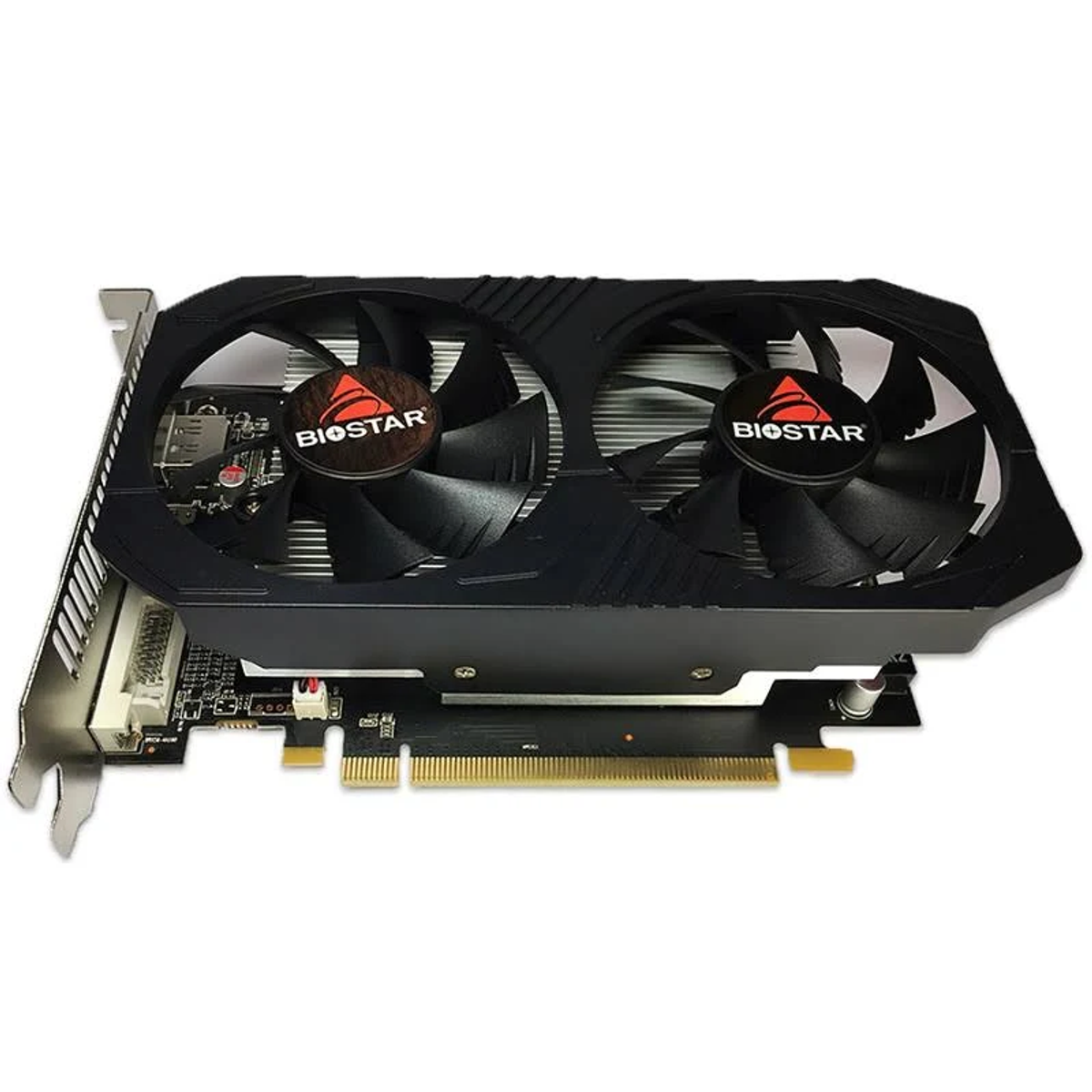 Czarna i szara karta graficzna do komputera z dwoma wentylatorami. Karta ma markę Biostar.