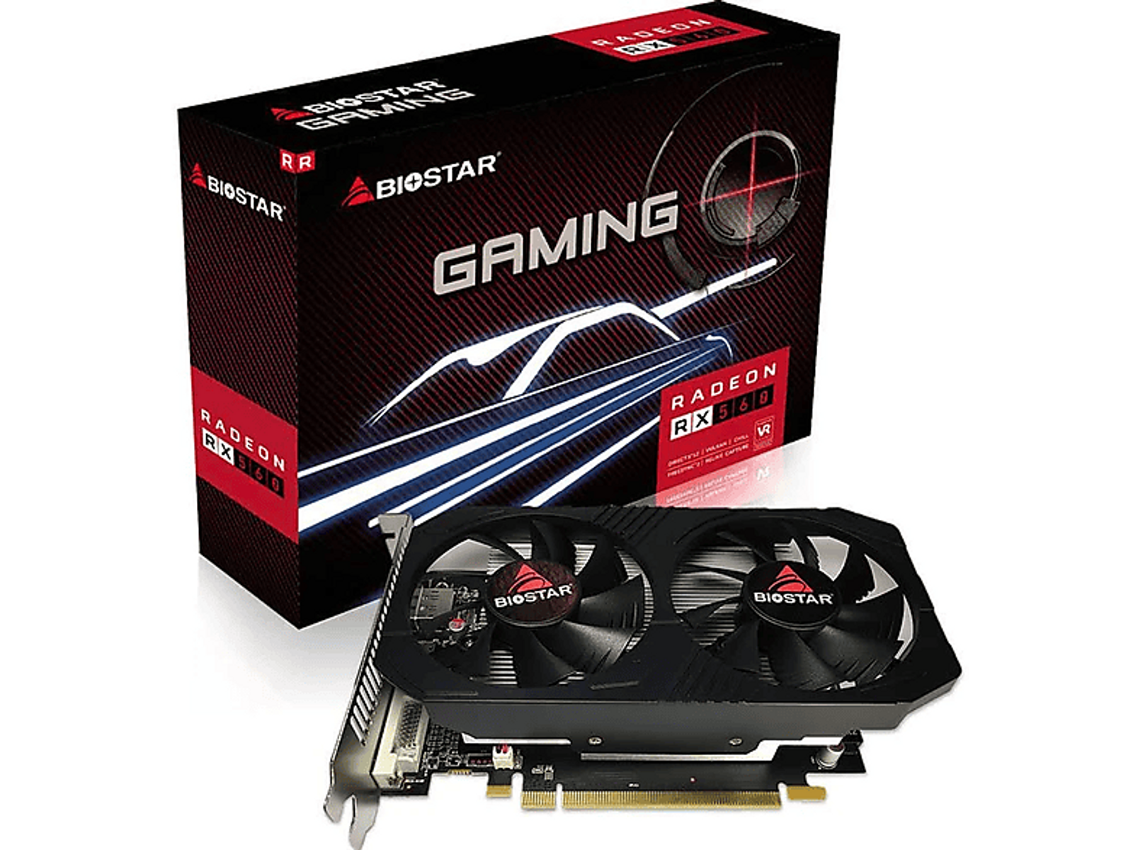 Pudełko karty graficznej oraz czarno-czerwona karta graficzna. Na pudełku napis 'BIOSTAR GAMING'.