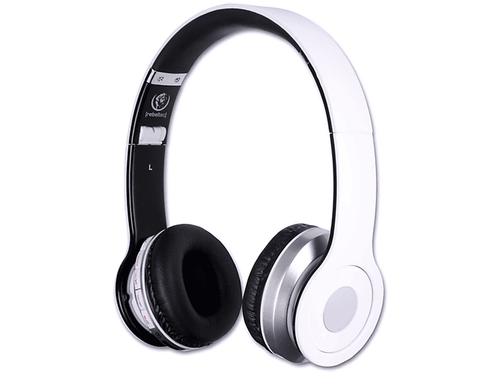 Cuffie wireless bianche e nere. Le cuffie hanno una fascia nera.
