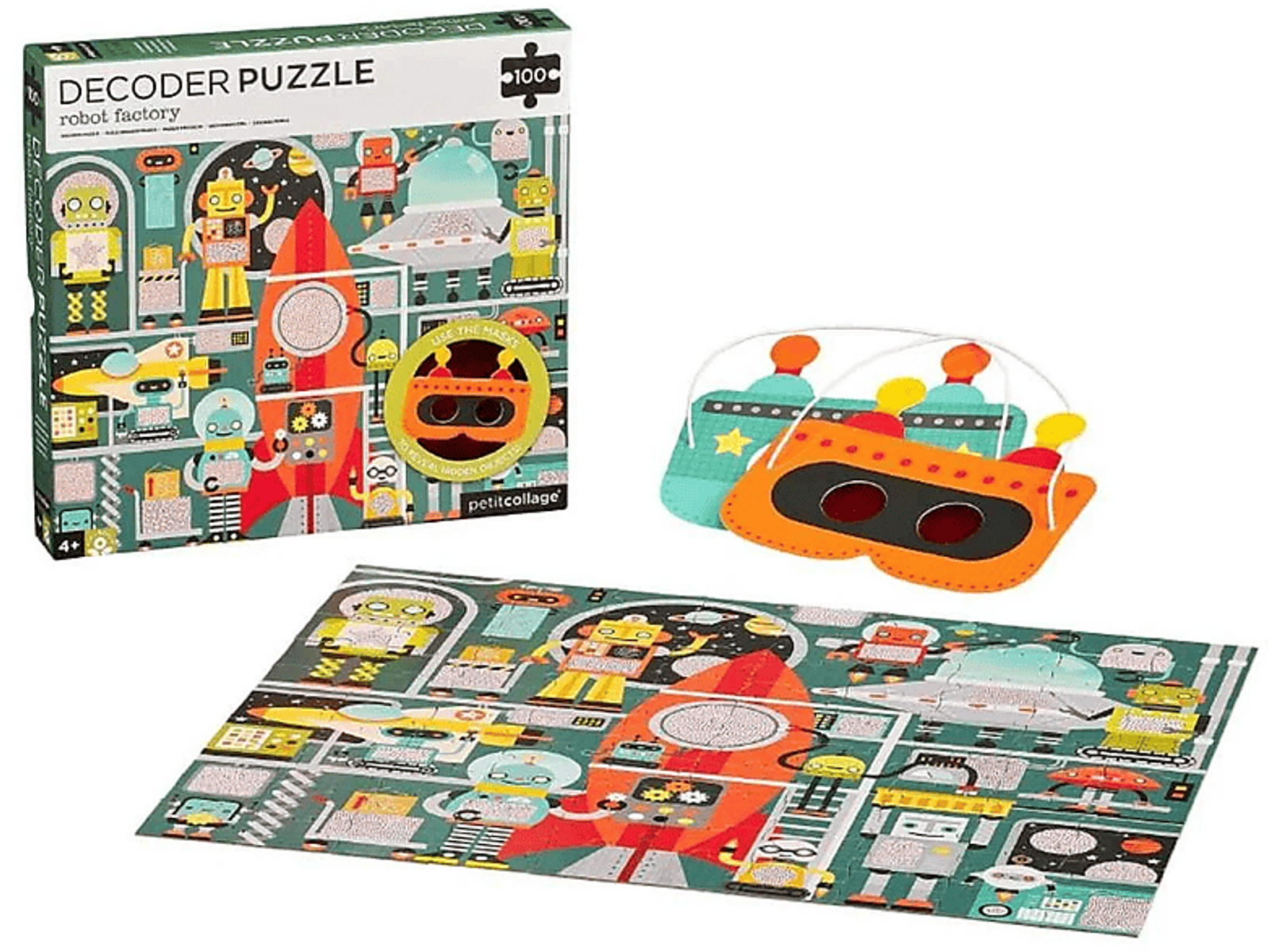 Eine Puzzledose und ein fertiges Puzzle mit Robotern und einer Rakete. Inklusive 3D-Brille.