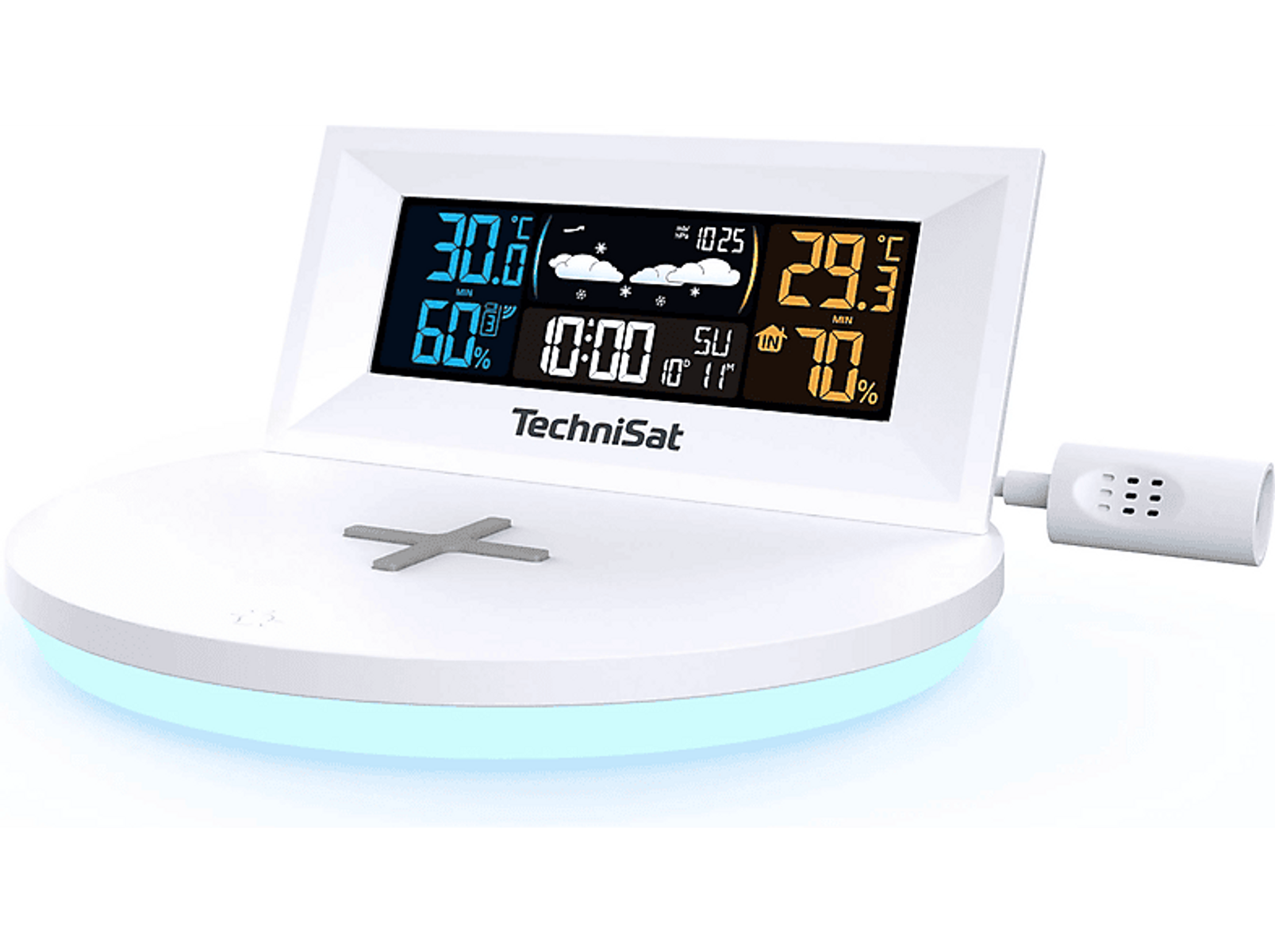Stacja pogodowa pokazująca temperaturę, wilgotność i czas. Biała podstawa, niebieskie światło.