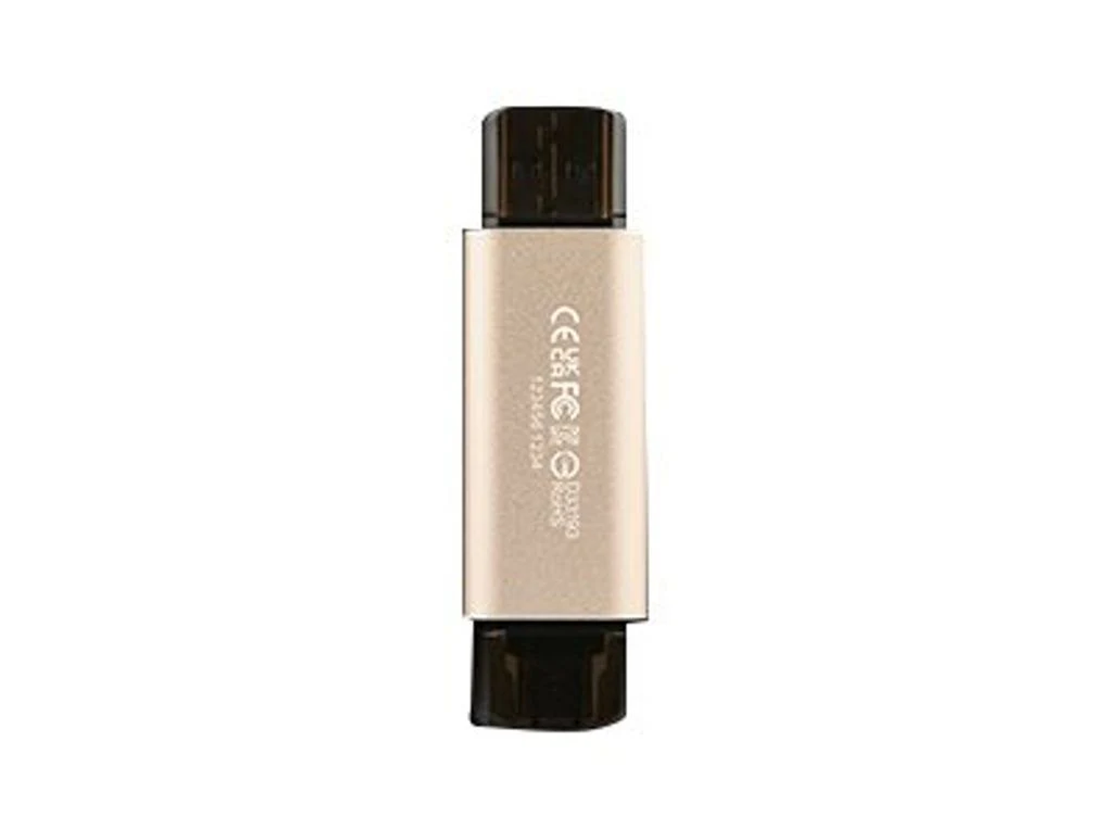 Złoto-czarny pendrive USB z etykietą informacyjną.