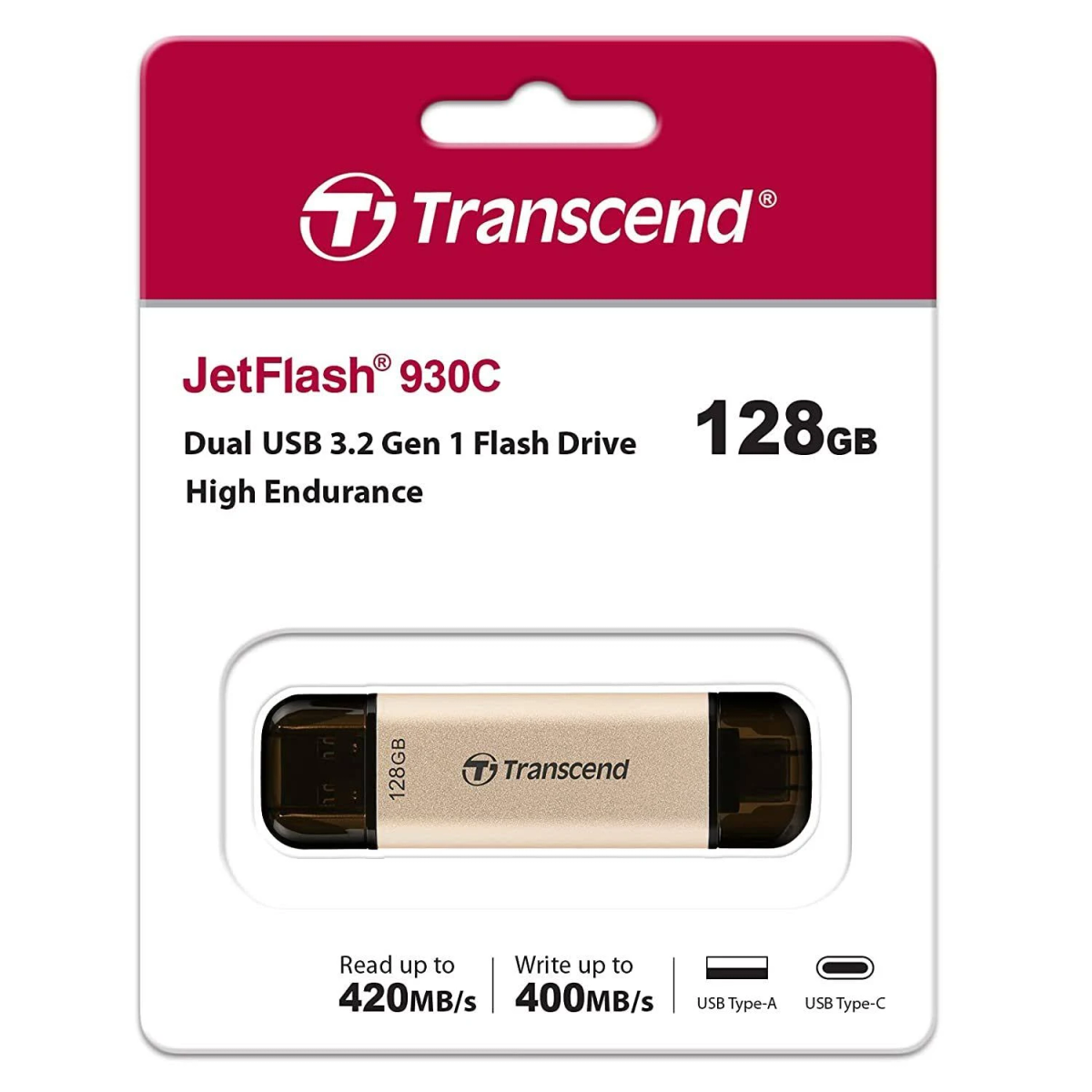 Dysk USB Transcend JetFlash 128GB w opakowaniu. Widoczny tekst i dysk USB.