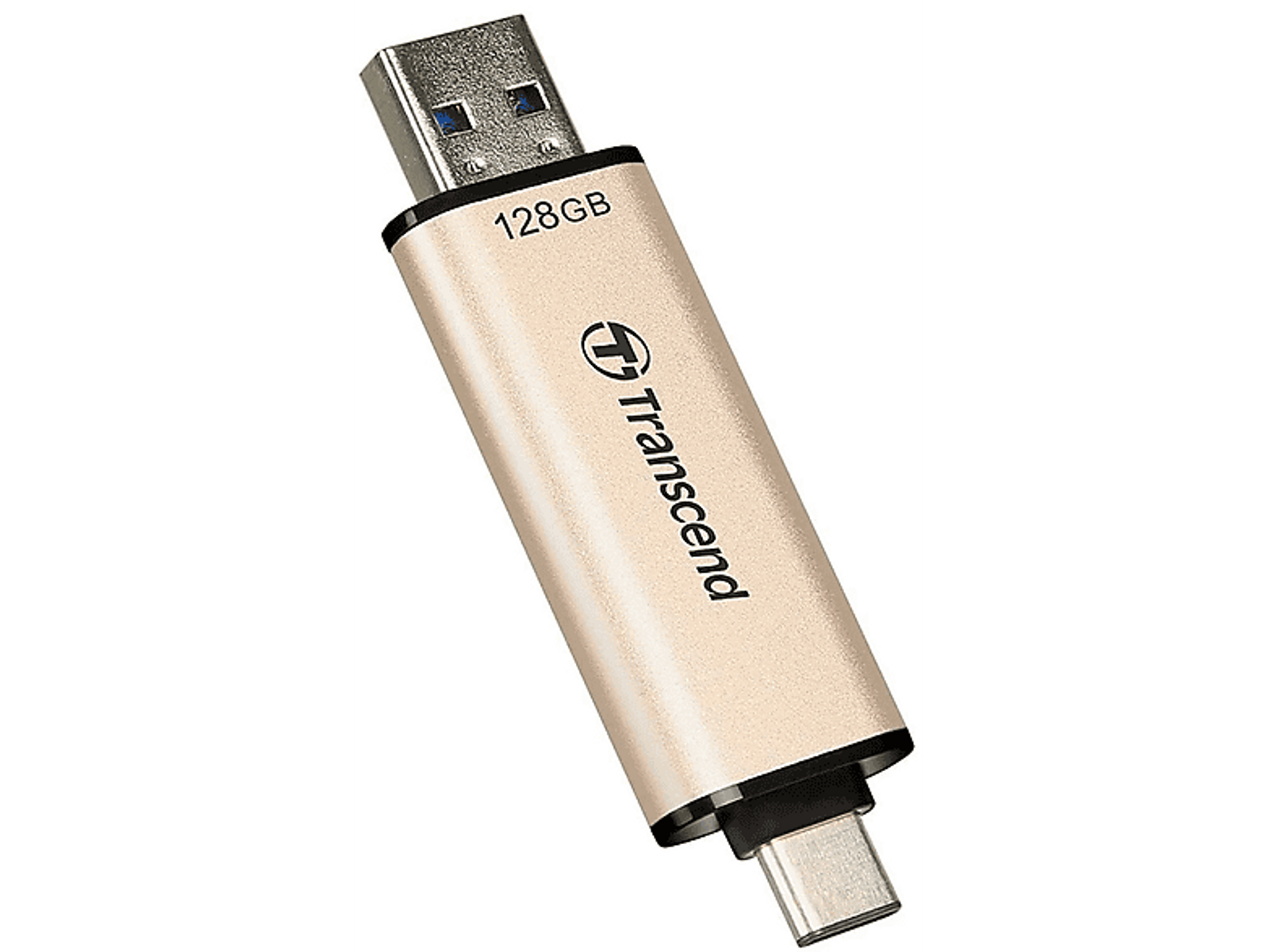 Złoty pendrive USB z czarnymi akcentami i logo Transcend oraz etykietą 128 GB.
