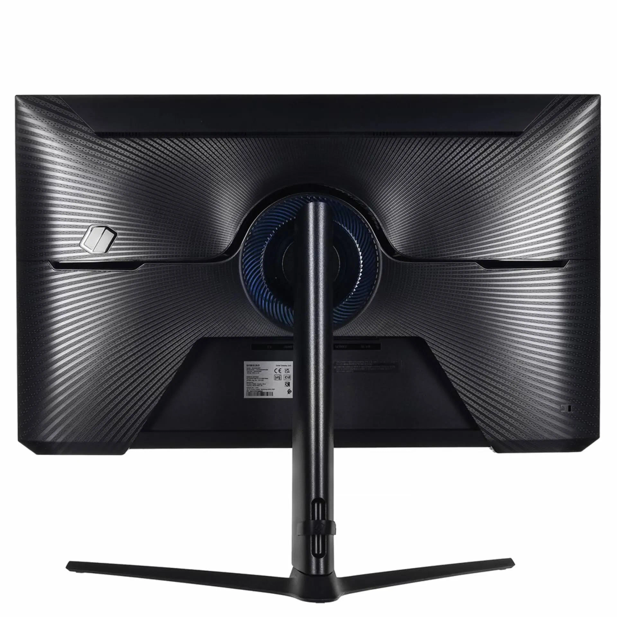 Rückseite eines schwarzen Monitors mit Standfuß und Anschlüssen. Es hat ein strukturiertes Muster.