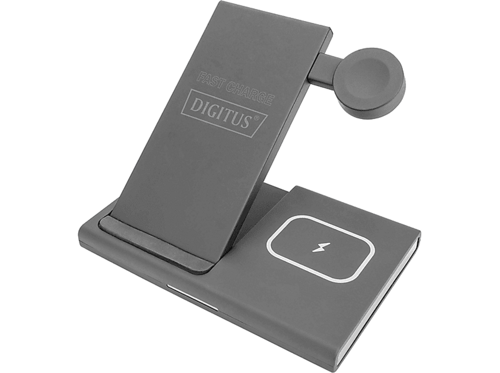 Ein grauer kabelloser Ladeständer für ein Telefon und eine Smartwatch.
