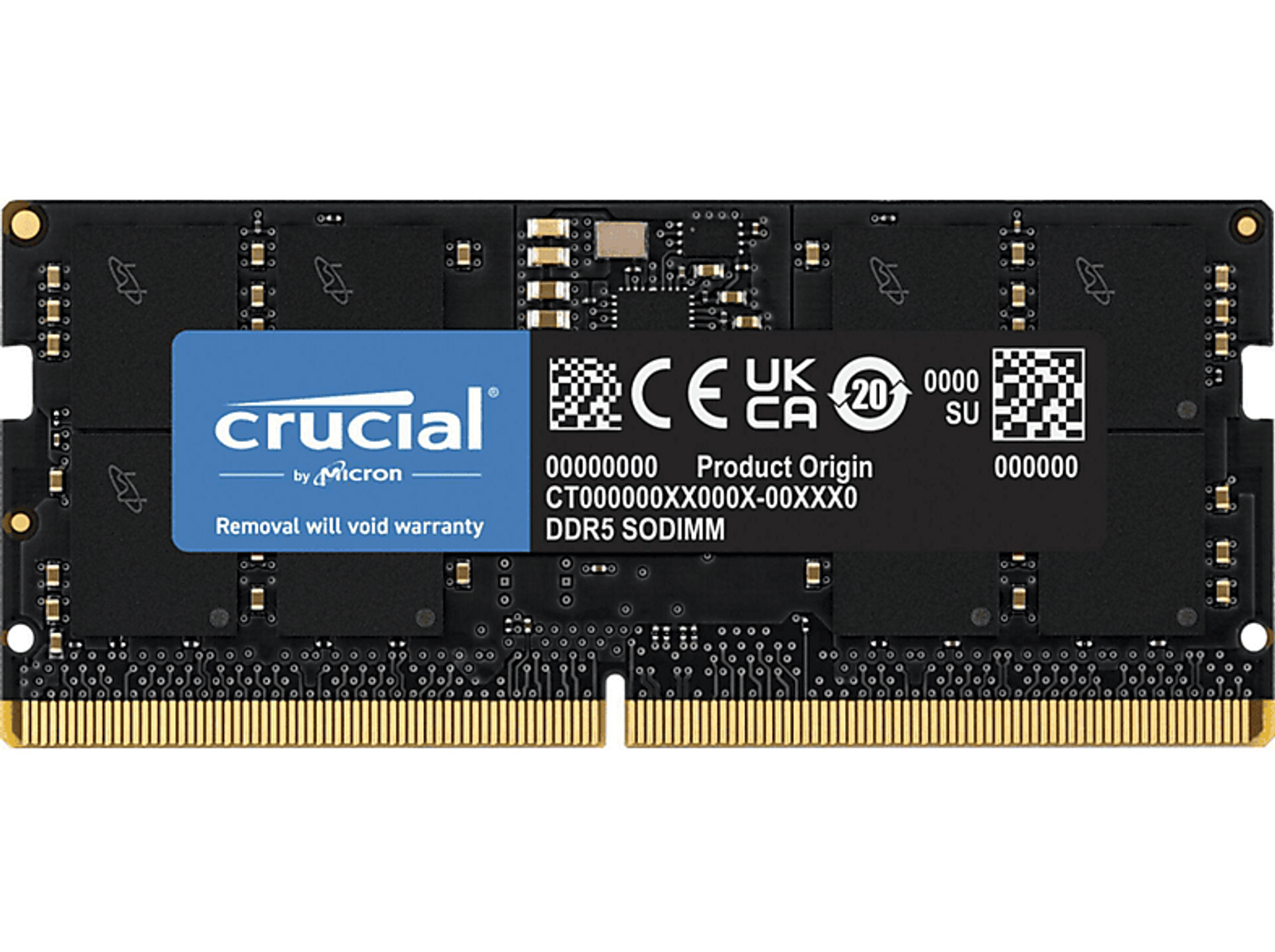 Moduł pamięci Crucial DDR5 SODIMM z czarną płytką PCB i złotymi złączami. Niebieska etykieta u góry.