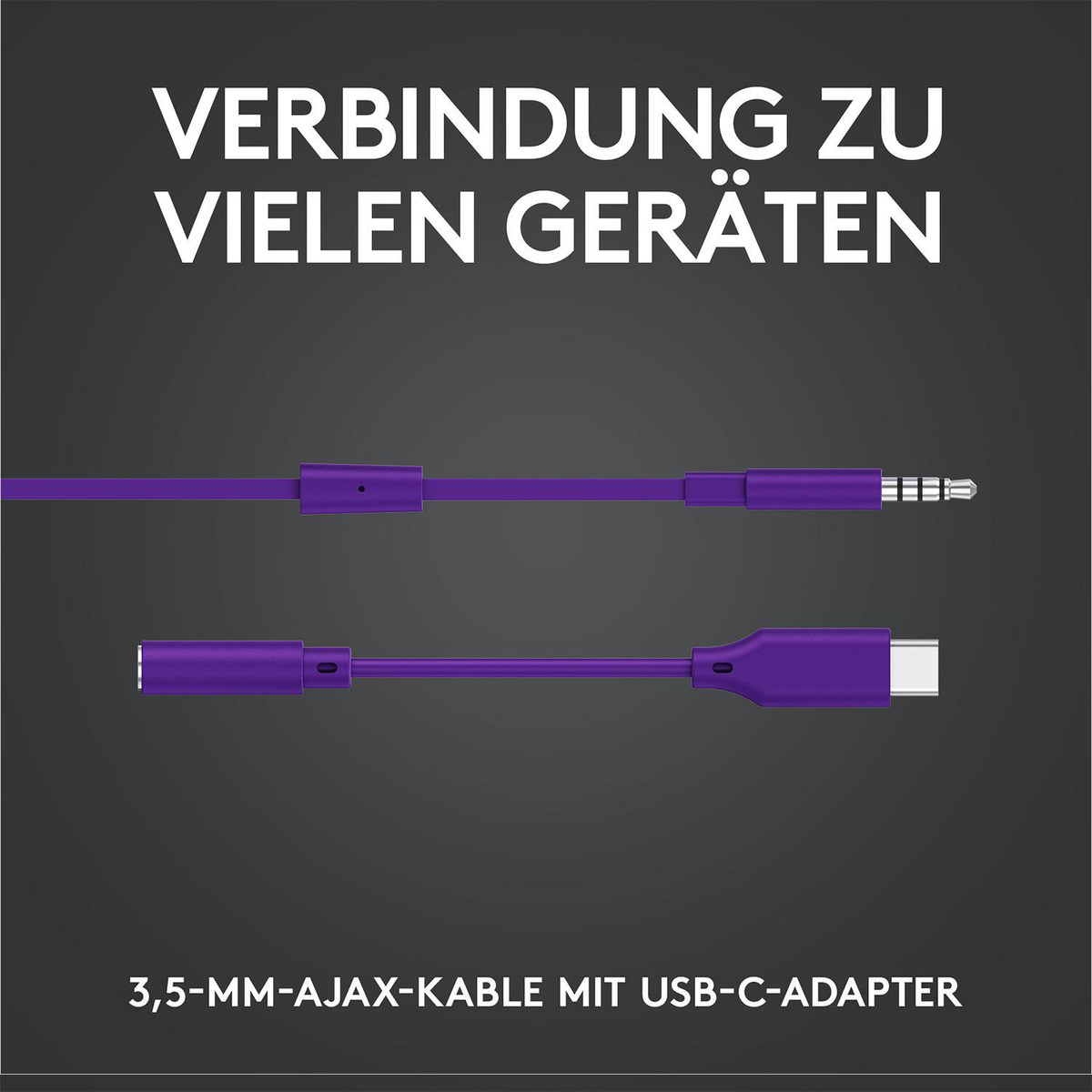 Cavo da 3,5 mm a USB-C viola e un adattatore USB-C, che mostra la connettività.