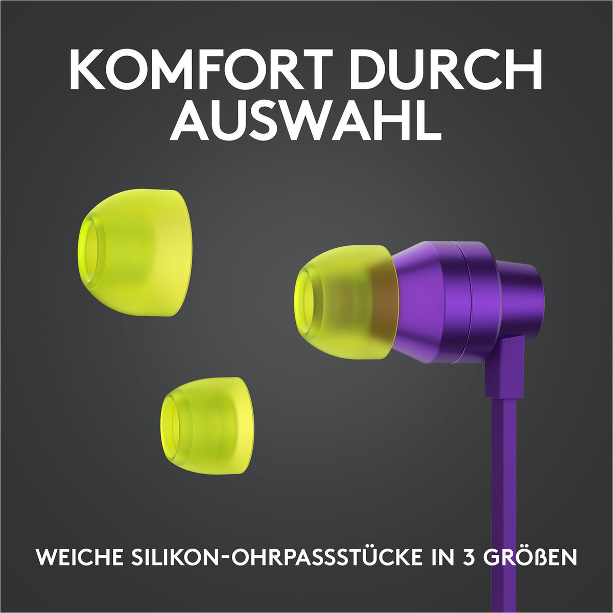 Auricolari gialli e viola, tre misure. Testo: Comfort tramite la scelta.