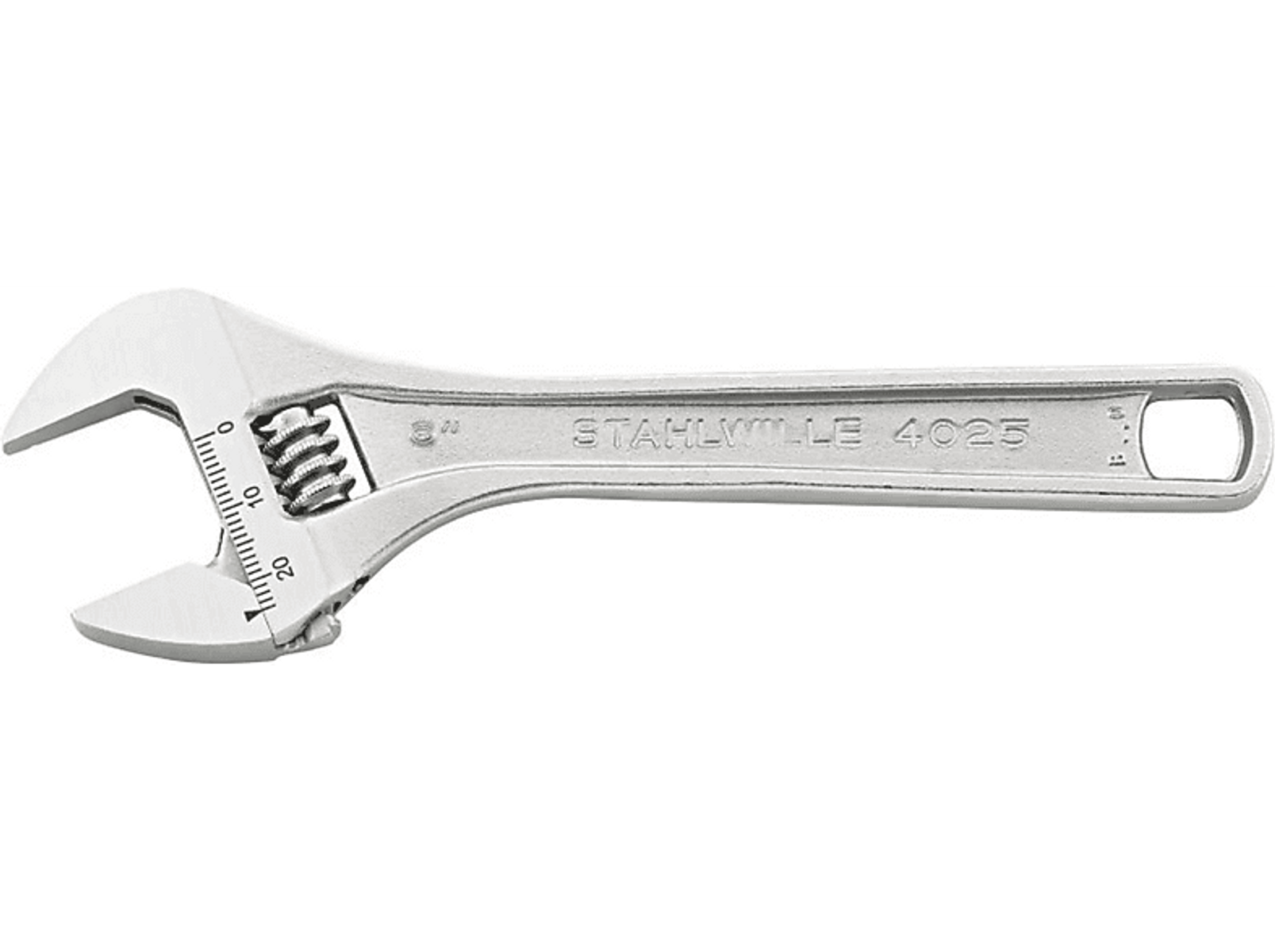Verstellbarer Schraubenschlüssel, metallisch, mit Skala, auf schwarzem Hintergrund.