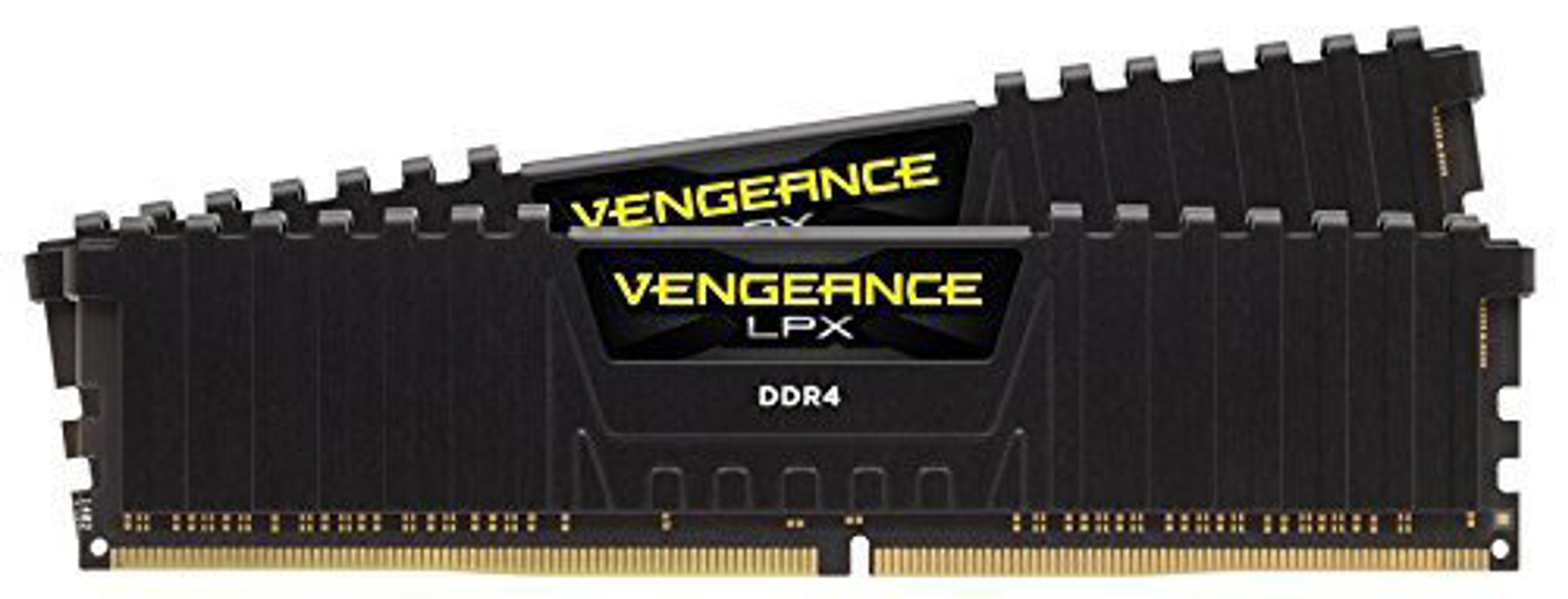 Dwa czarne moduły RAM z etykietami Vengeance LPX DDR4. Moduły są obok siebie.