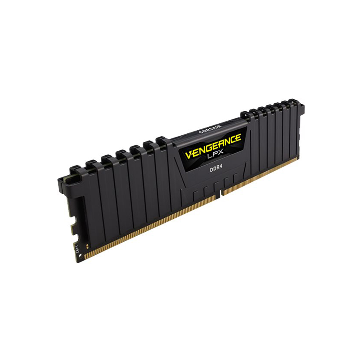 Czarny moduł RAM Corsair Vengeance LPX DDR4. Posiada etykietę i złote akcenty.