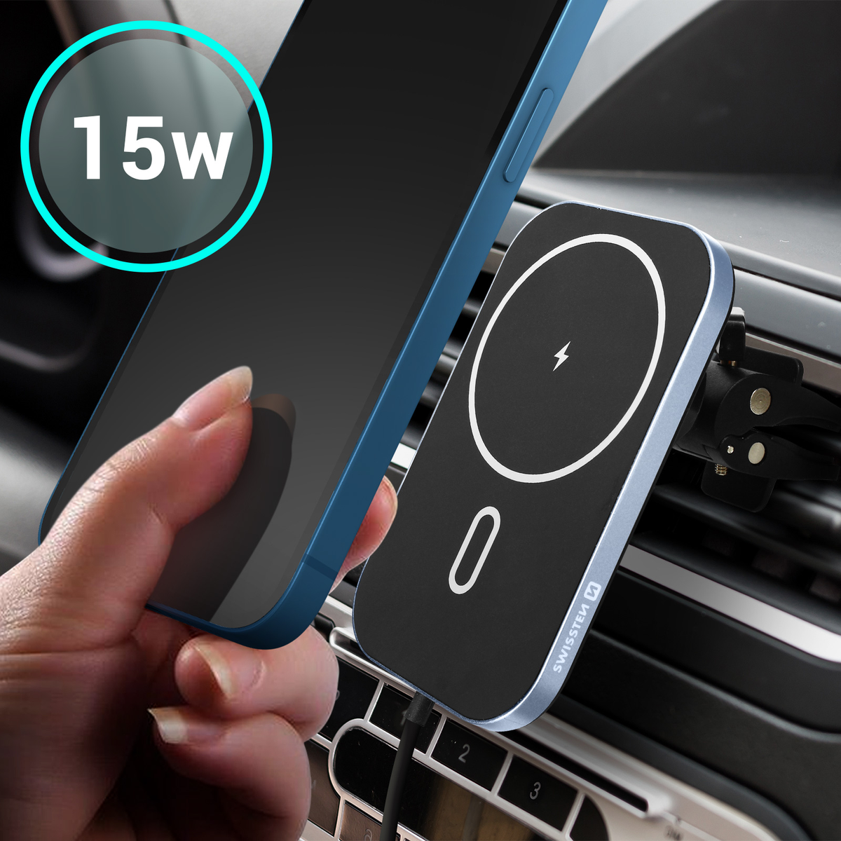 Telefon wird von einer magnetischen Autohalterung aufgeladen. Eine Hand hält das Telefon. 15W.