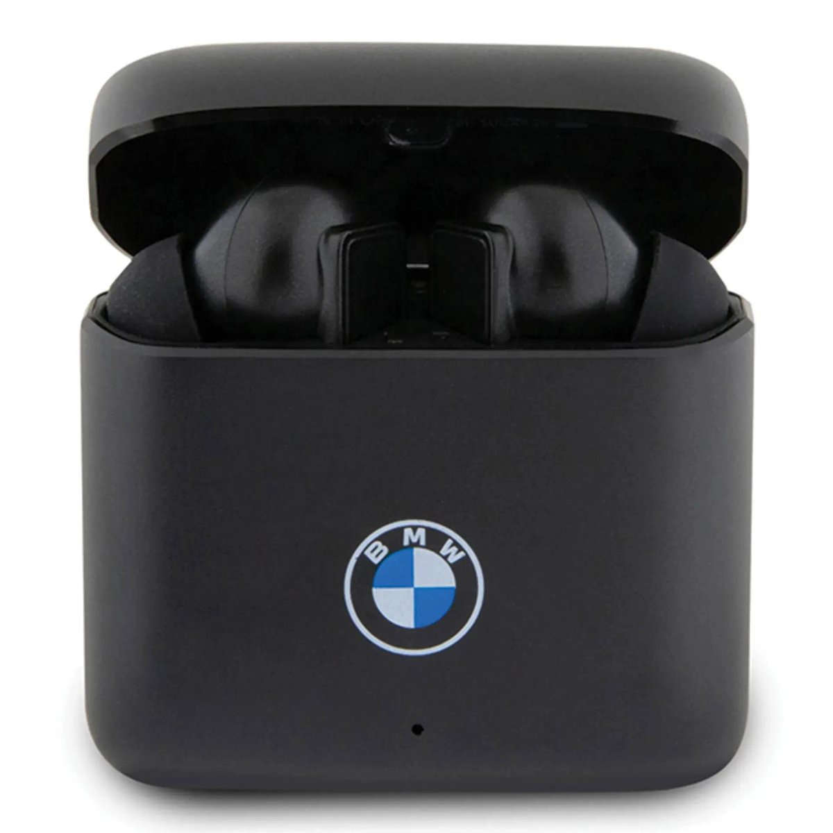 Custodia per auricolari nera con logo BMW, aperta per rivelare due auricolari neri. Sfondo bianco.