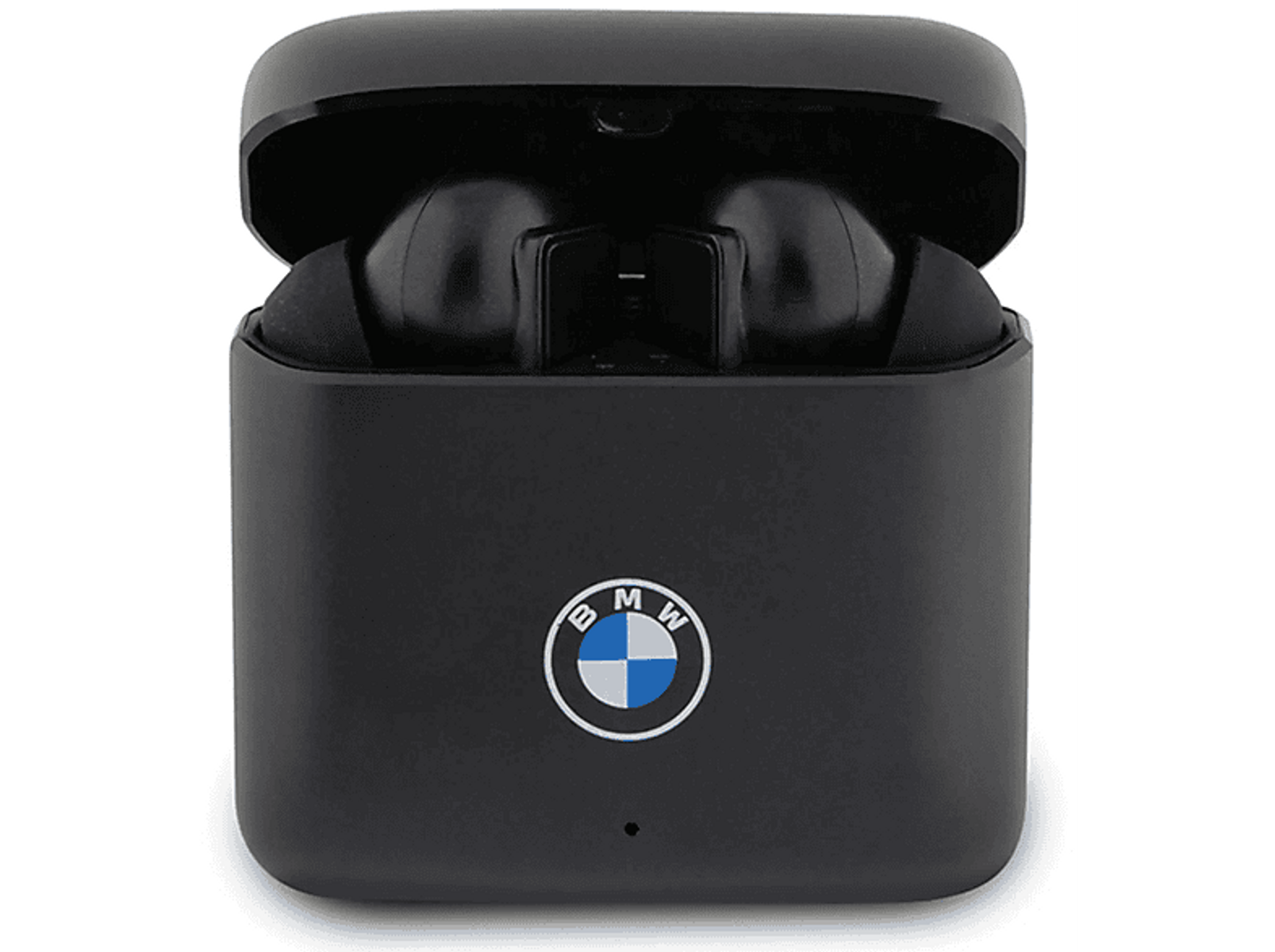 Auricolari wireless BMW neri nella loro custodia di ricarica, aperti.