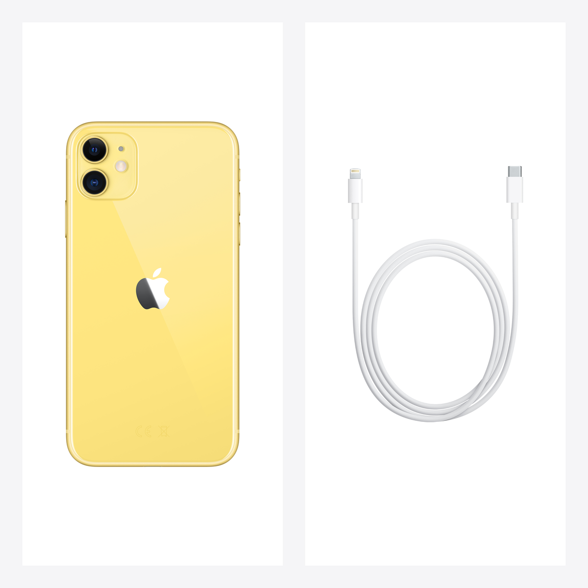 Żółty iPhone 11 i biały kabel ładujący. Telefon ma czarny aparat i logo Apple. Kabel zwinięty.