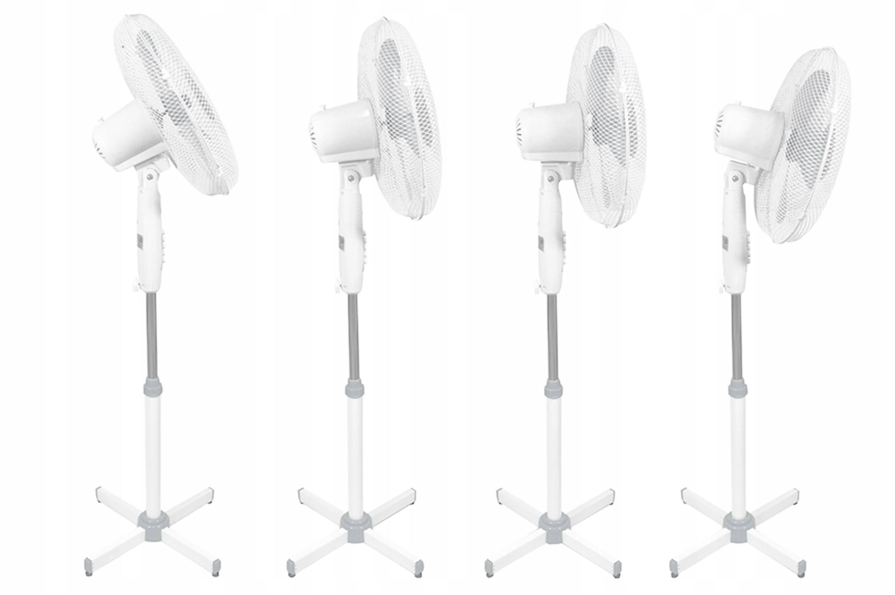 Cztery białe wentylatory na stojakach, o zmiennym kącie. Wszystkie wyizolowane na białym tle.