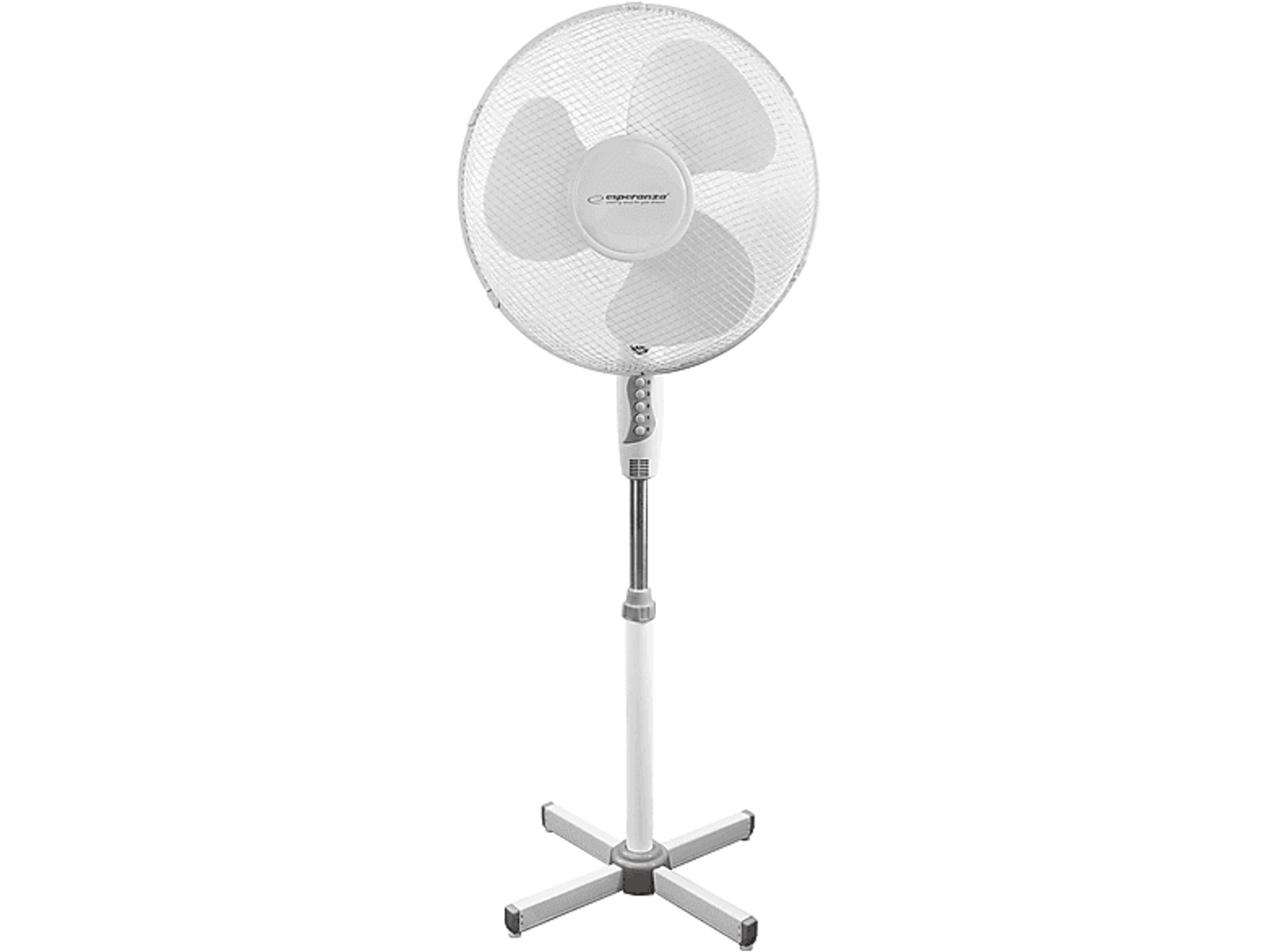 Biały wentylator stojący z białą podstawą i okrągłą głowicą.