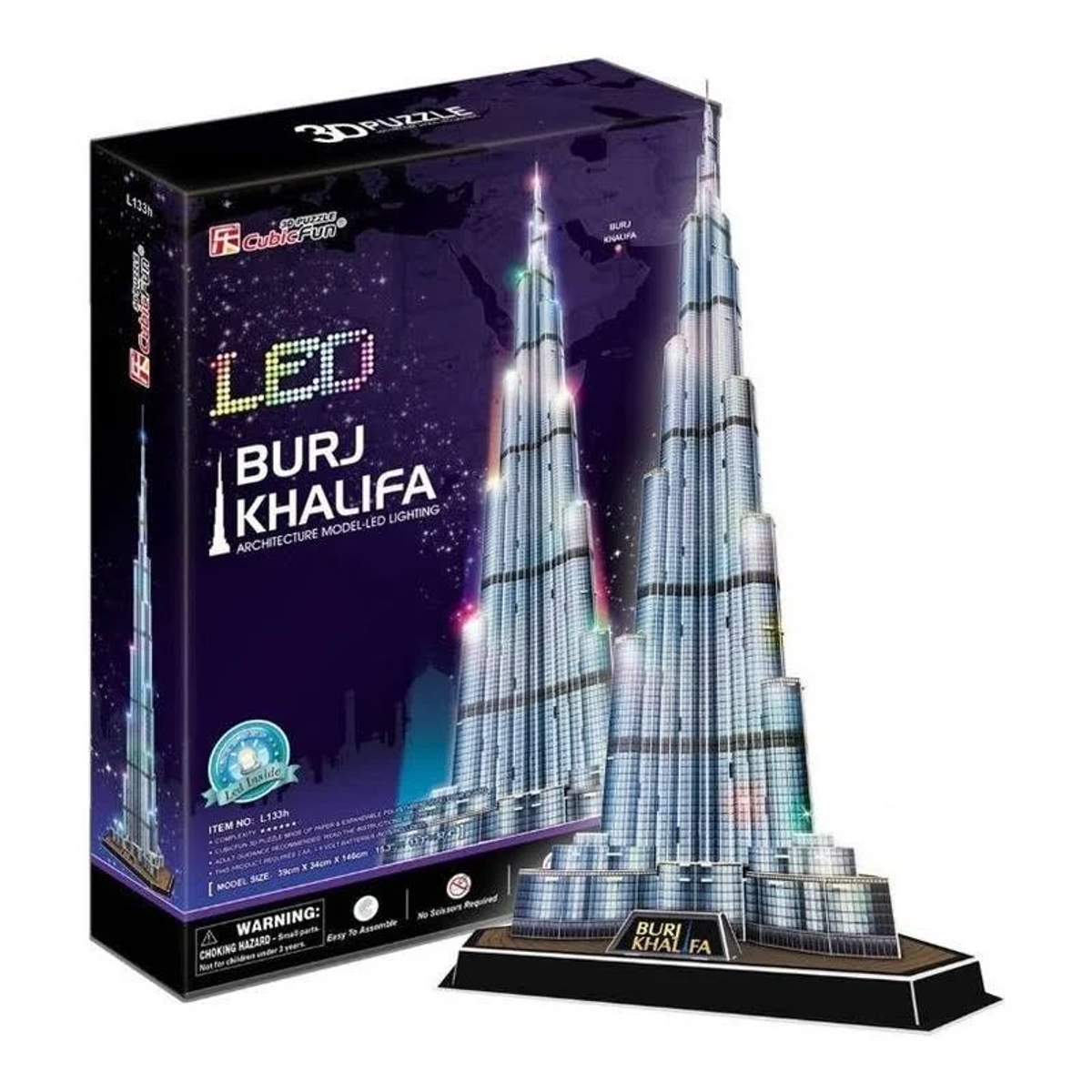 Model Burdż Chalifa. Pudełko i model są na zdjęciu. Białe tło.