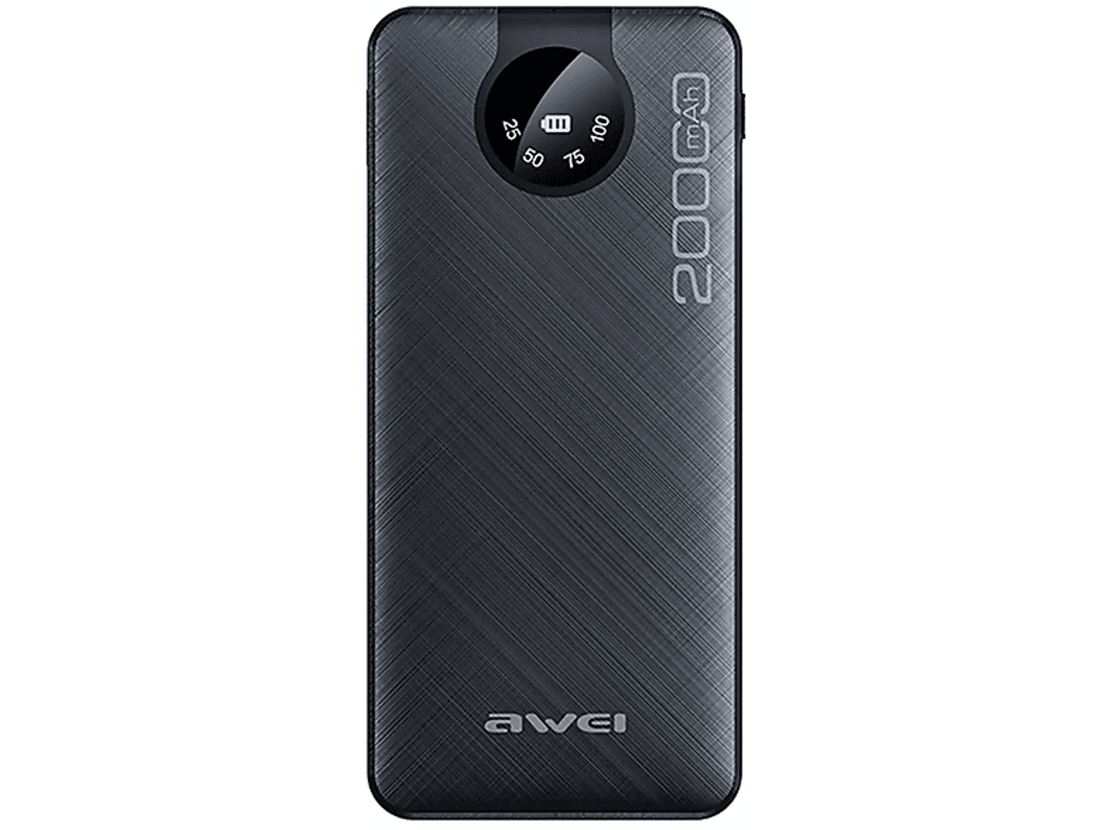 Power bank nero con display che mostra la percentuale della batteria e '200 mAh'.