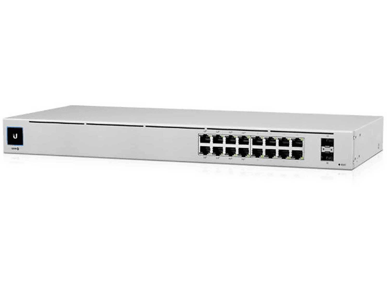 Ein weißer Netzwerk-Switch mit mehreren Anschlüssen, das Gerät befindet sich auf schwarzem Hintergrund. Das Markenlogo ist sichtbar.