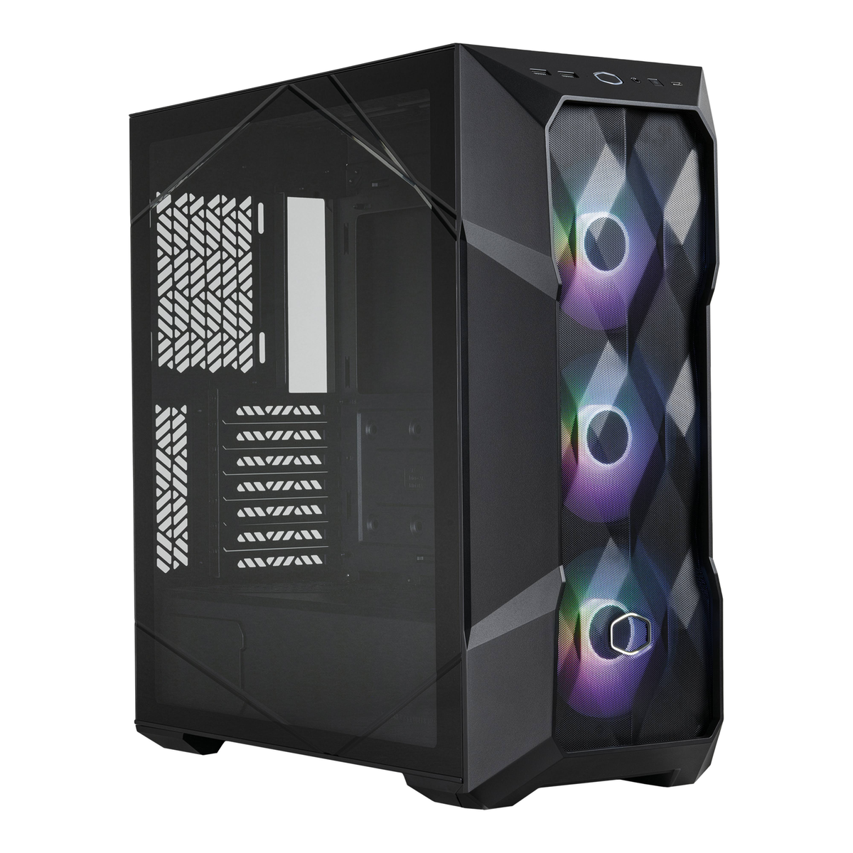 Schwarzes und transparentes Computergehäuse auf weißem Hintergrund mit Lichtern.