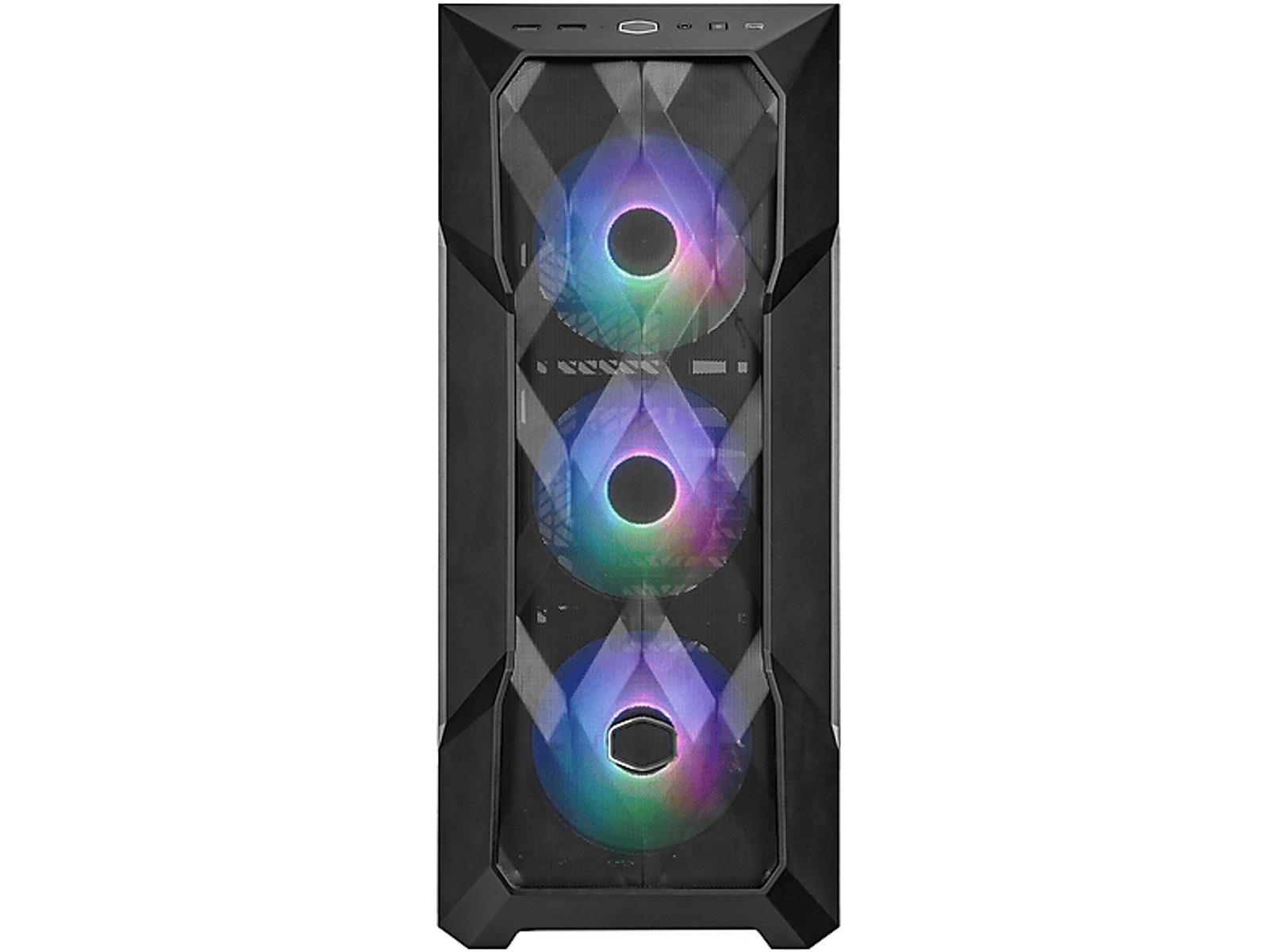 Eine schwarze Computergehäusefront mit drei beleuchteten Lüftern, die RGB-Beleuchtung zeigen.