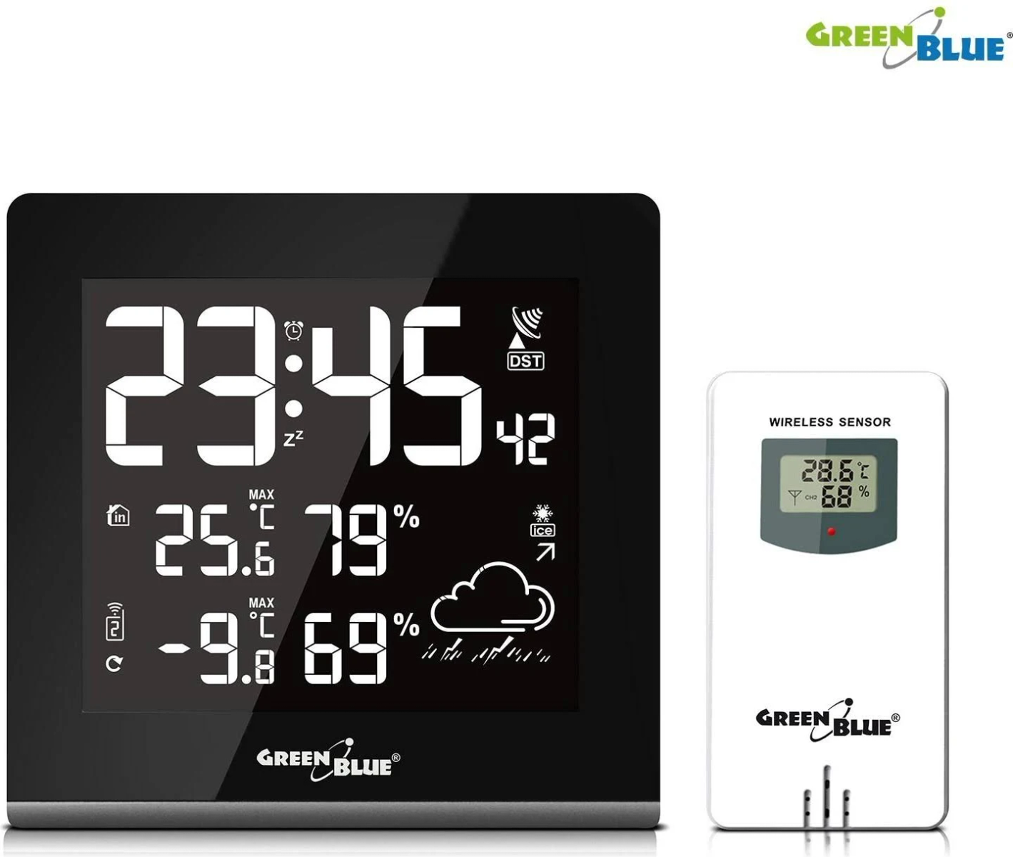 Digitale Wetterstation mit Zeit, Temperatur, Luftfeuchtigkeit und Wettersymbolen.