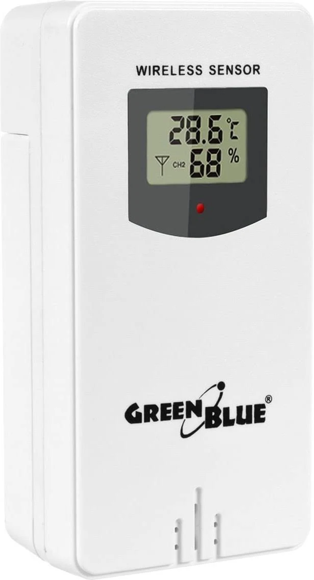 Weißer Funksensor mit Anzeige von Temperatur und Luftfeuchtigkeit.
