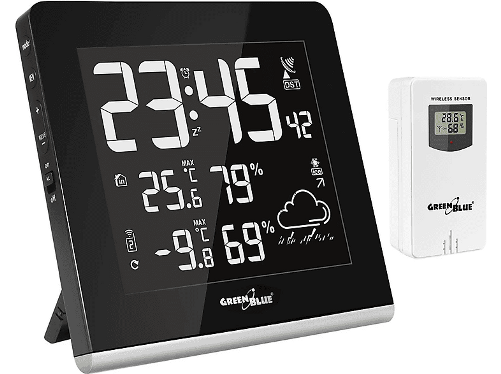 Eine schwarze digitale Wetterstation mit Anzeige von Zeit, Temperatur und Wettersymbolen.