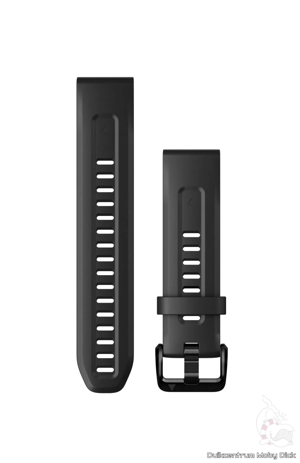 Dwa czarne paski do zegarka Garmin na białym tle. Jeden długi z otworami, drugi krótszy z klamrą.