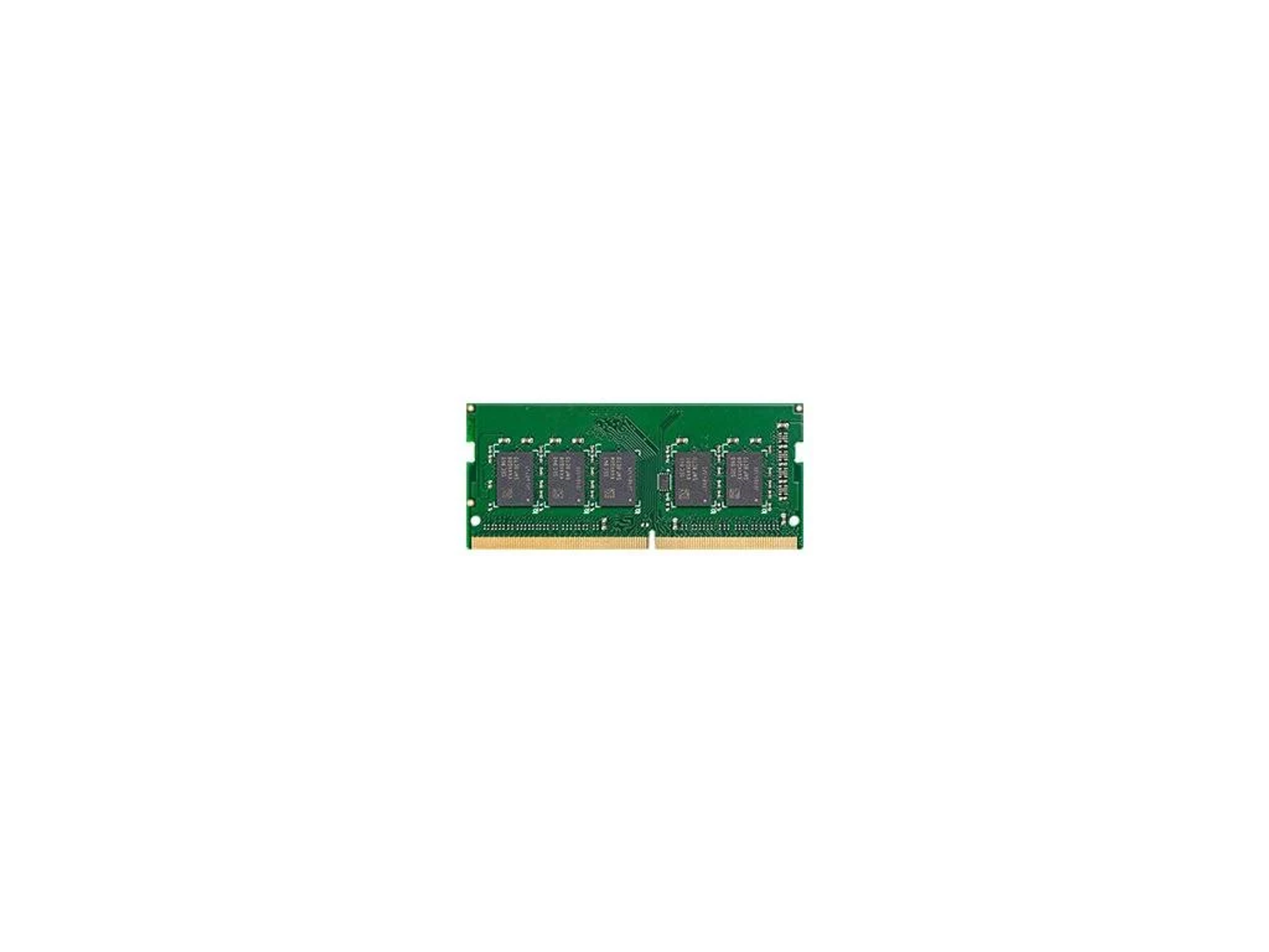 RAM-Stick mit fünf Chips, grüner Platine und Goldkontakten.