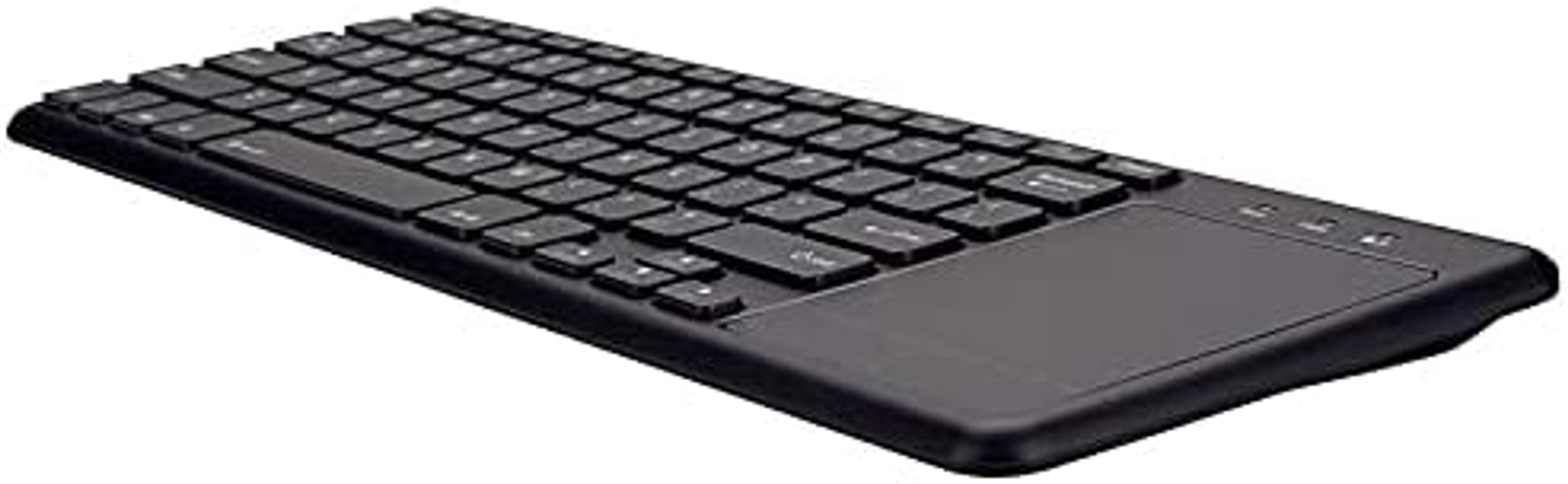 Czarna klawiatura z panelem dotykowym. Prosty design z kwadratowymi klawiszami.