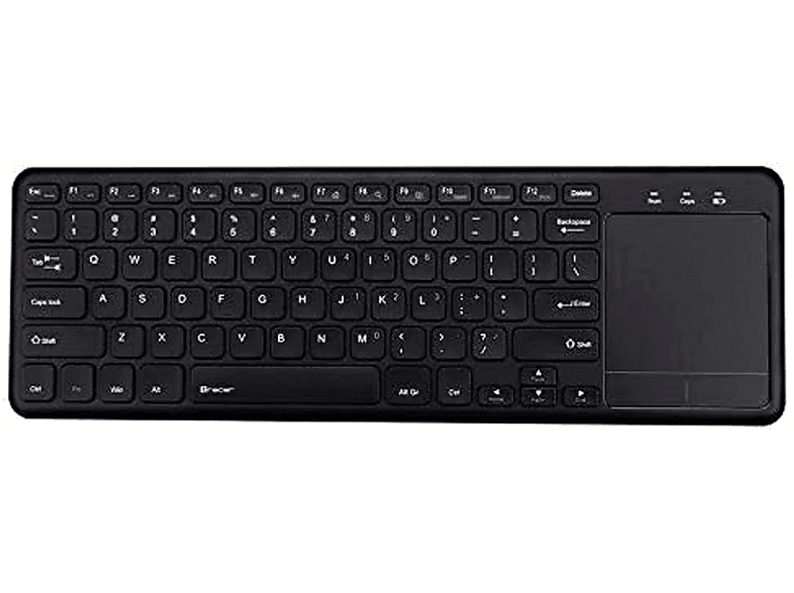 Czarna klawiatura komputera z klawiszami i panelem dotykowym. Klawiatura jest na czarnej powierzchni.