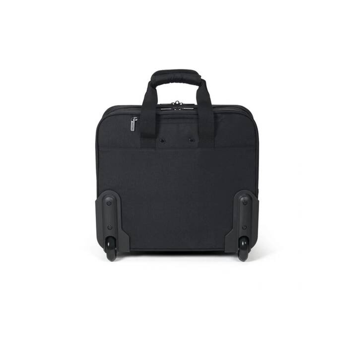 Une valise à roulettes noire avec une poignée et deux roues. La valise est fermée.