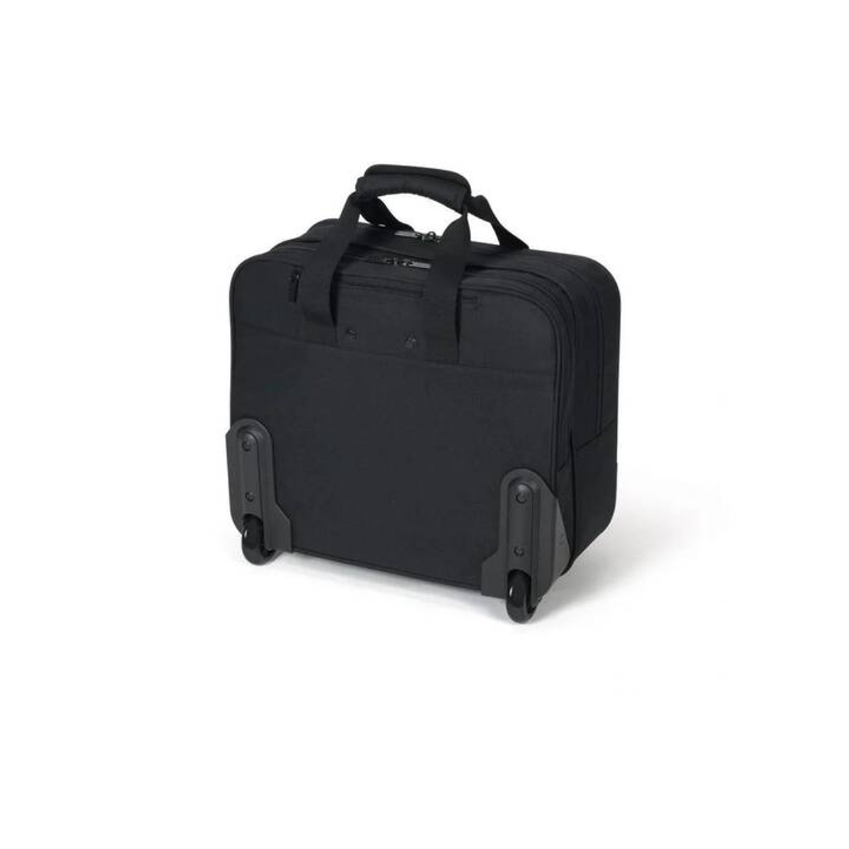 Valise à roulettes noire avec poignée, sur fond blanc.