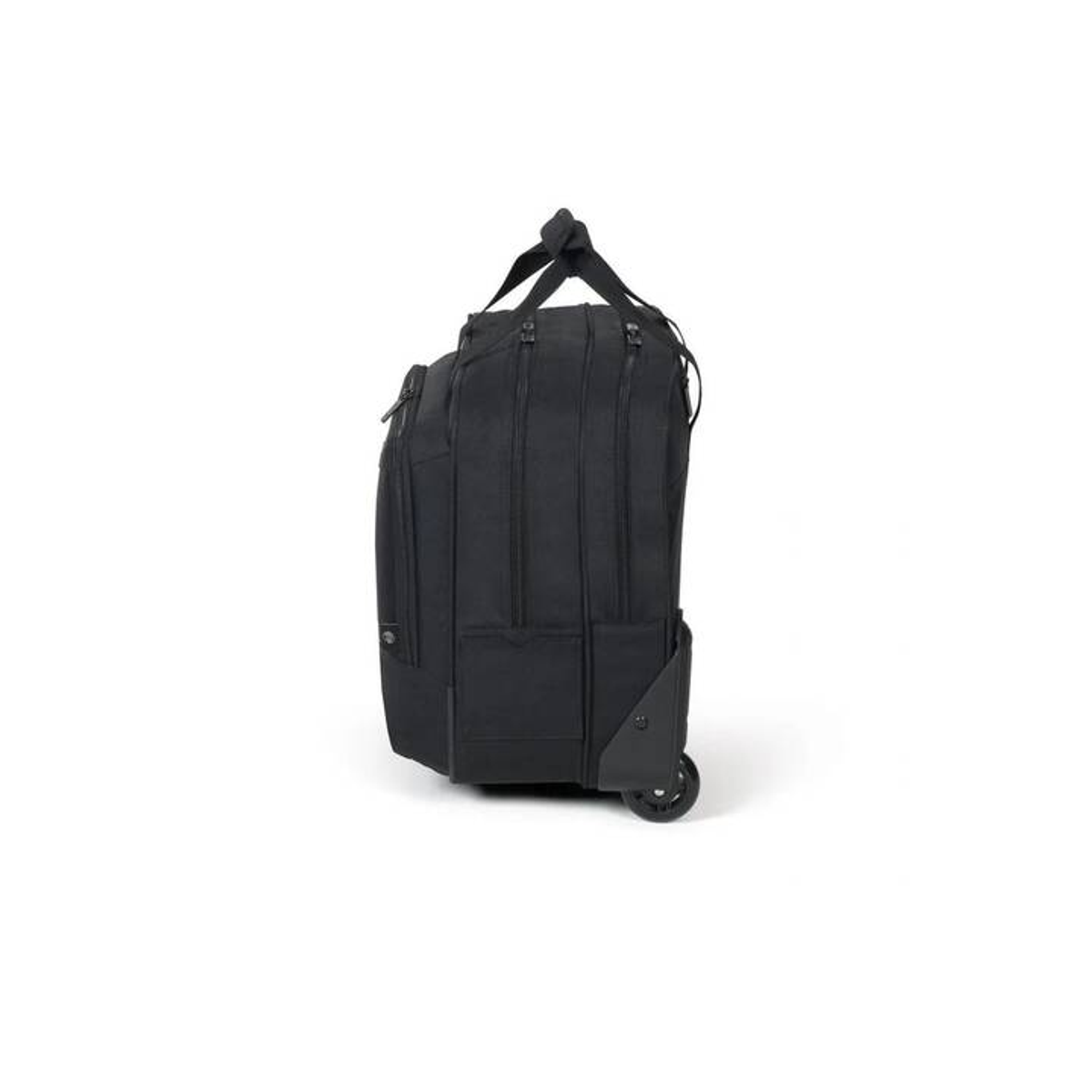 Valise à roulettes noire. Elle a une poignée, des roues et des fermetures éclair.