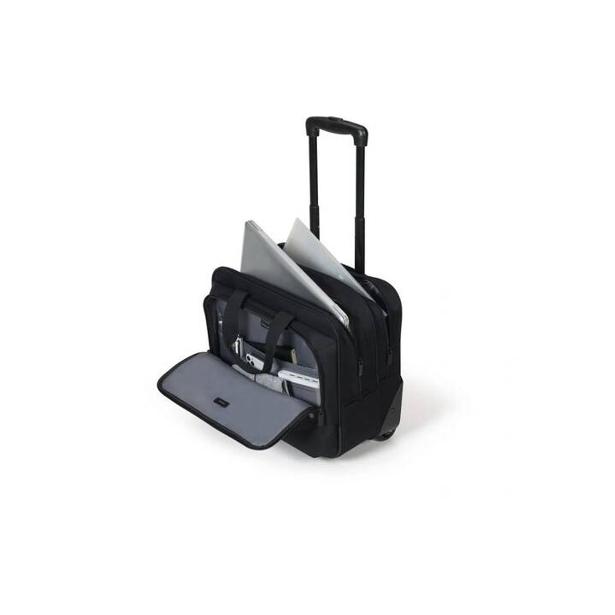 Sacoche à roulettes noire pour ordinateur portable, ouverte. Contient un ordinateur portable et des accessoires.