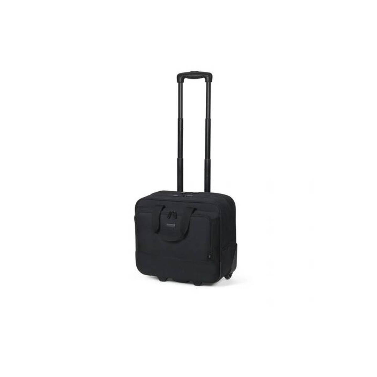 Valise à roulettes noire avec poignée déployée. Fond blanc.