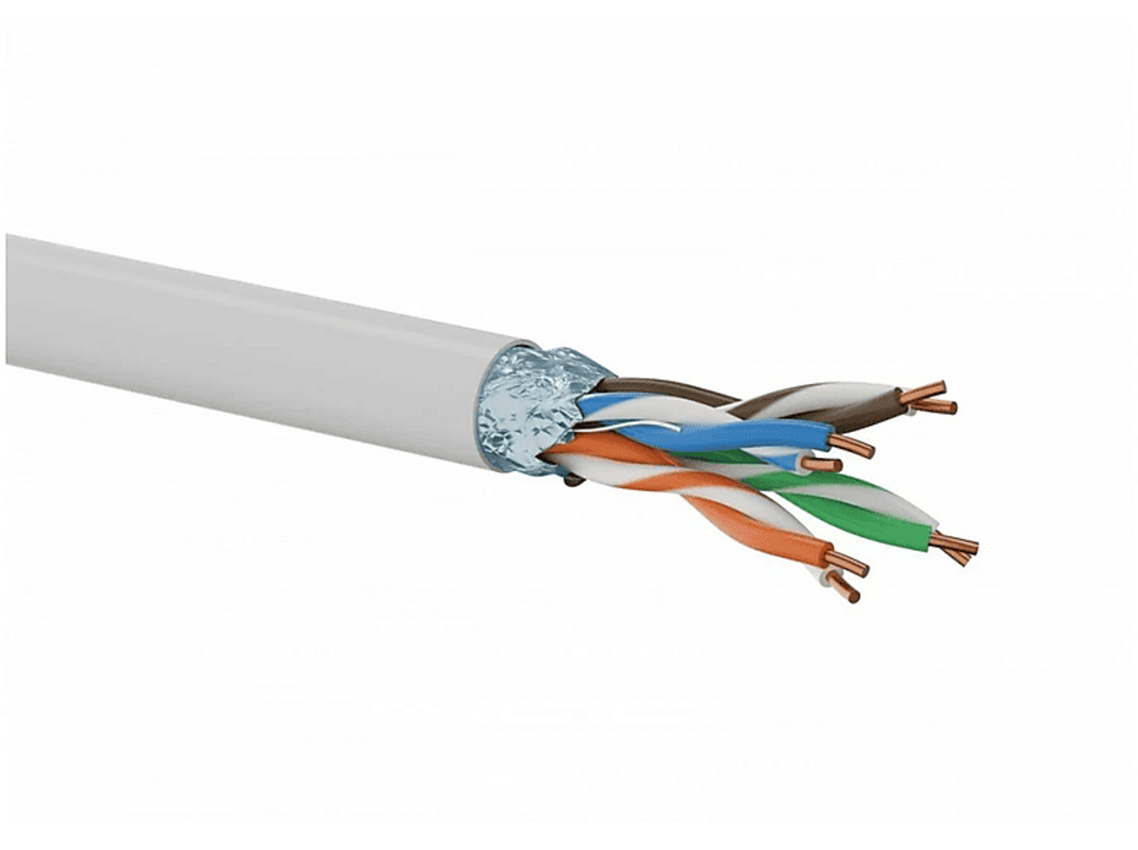 Przecięty kabel sieciowy z odsłoniętymi przewodami. Biała osłona zewnętrzna, widoczne kolorowe przewody wewnętrzne.