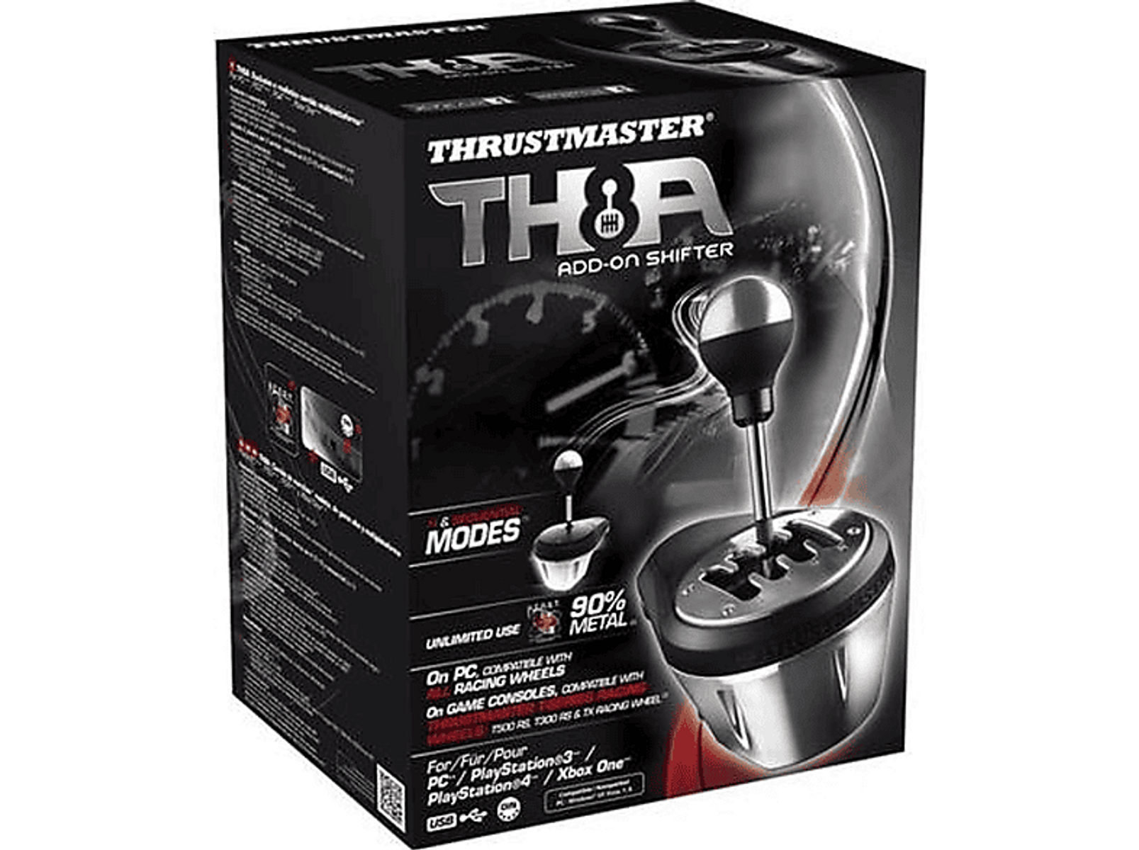 Thrustmaster TH8A Add-on Shifter Box. Zeigt den Schalthebel und die Funktionen. Schwarz und rot.