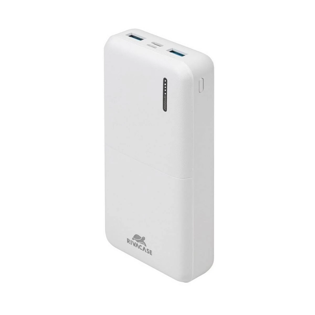 Batería externa blanca con logo Rivacase. Indicador de carga arriba.