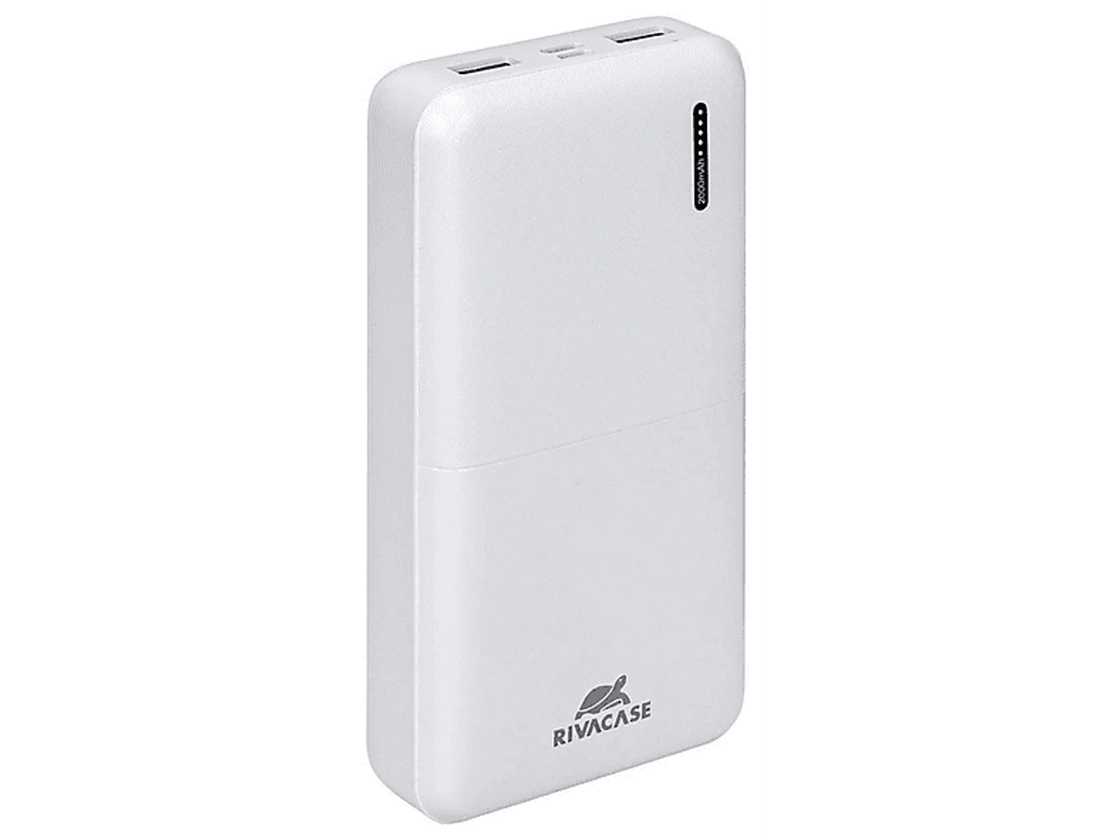 Banco de energía Rivacase blanco con 2 puertos USB. 20000mAh impreso. Fondo negro.