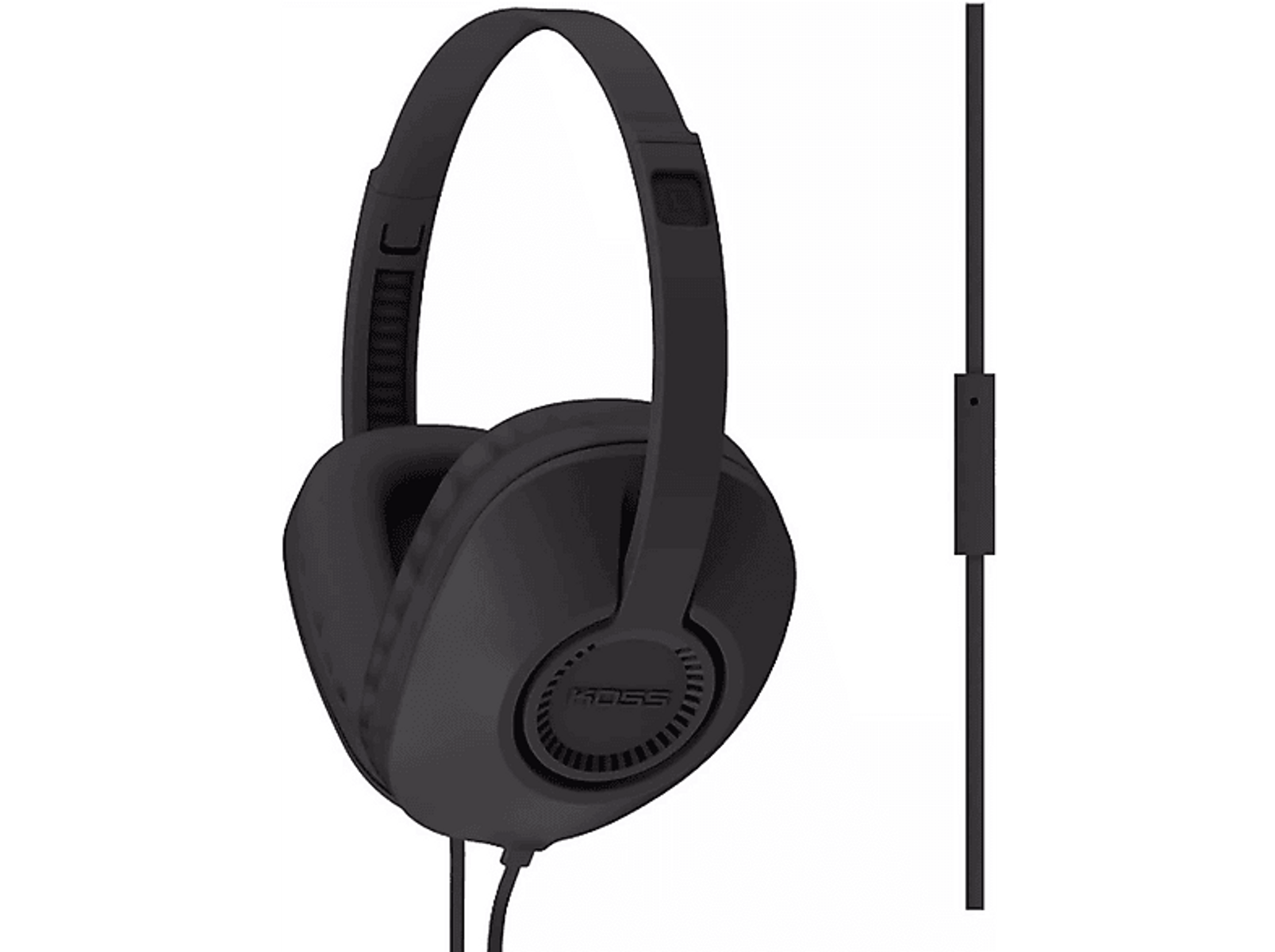 Casque audio noir. Le câble est fixé à l'écouteur gauche. Koss est écrit sur les écouteurs.