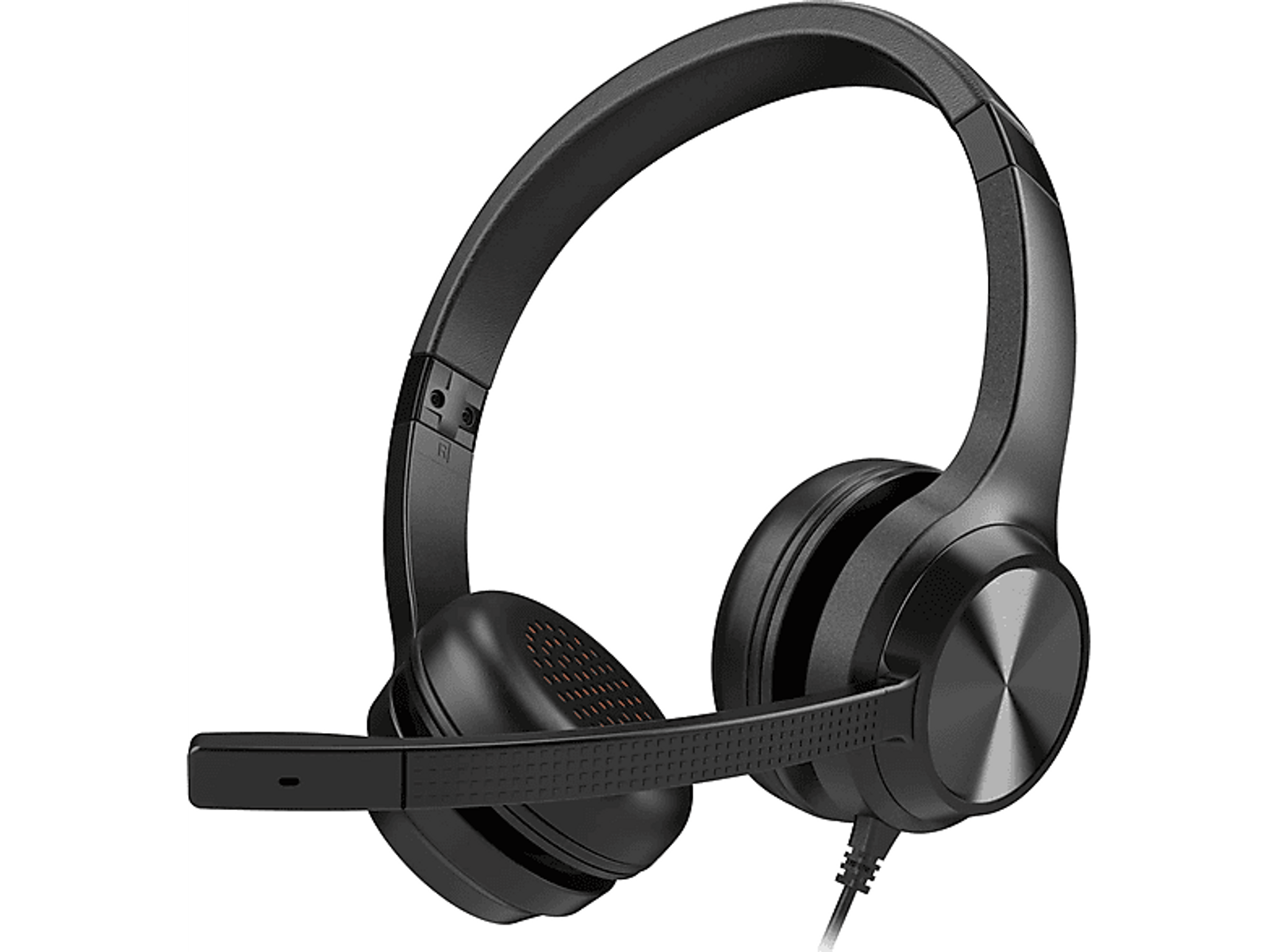 Czarny zestaw słuchawkowy z mikrofonem. Zestaw słuchawkowy ma nauszniki i pałąk na głowę.