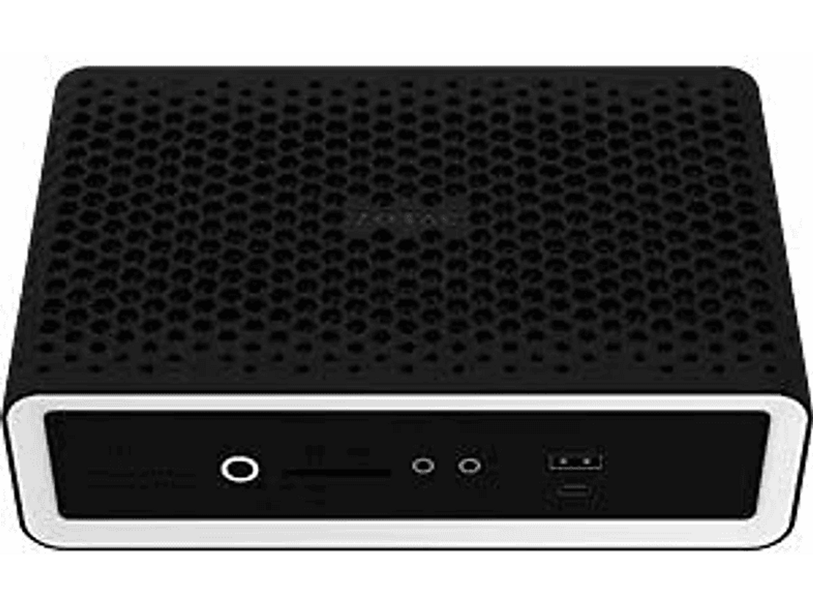 Computer Zotac nero, con parte superiore perforata e porte frontali.