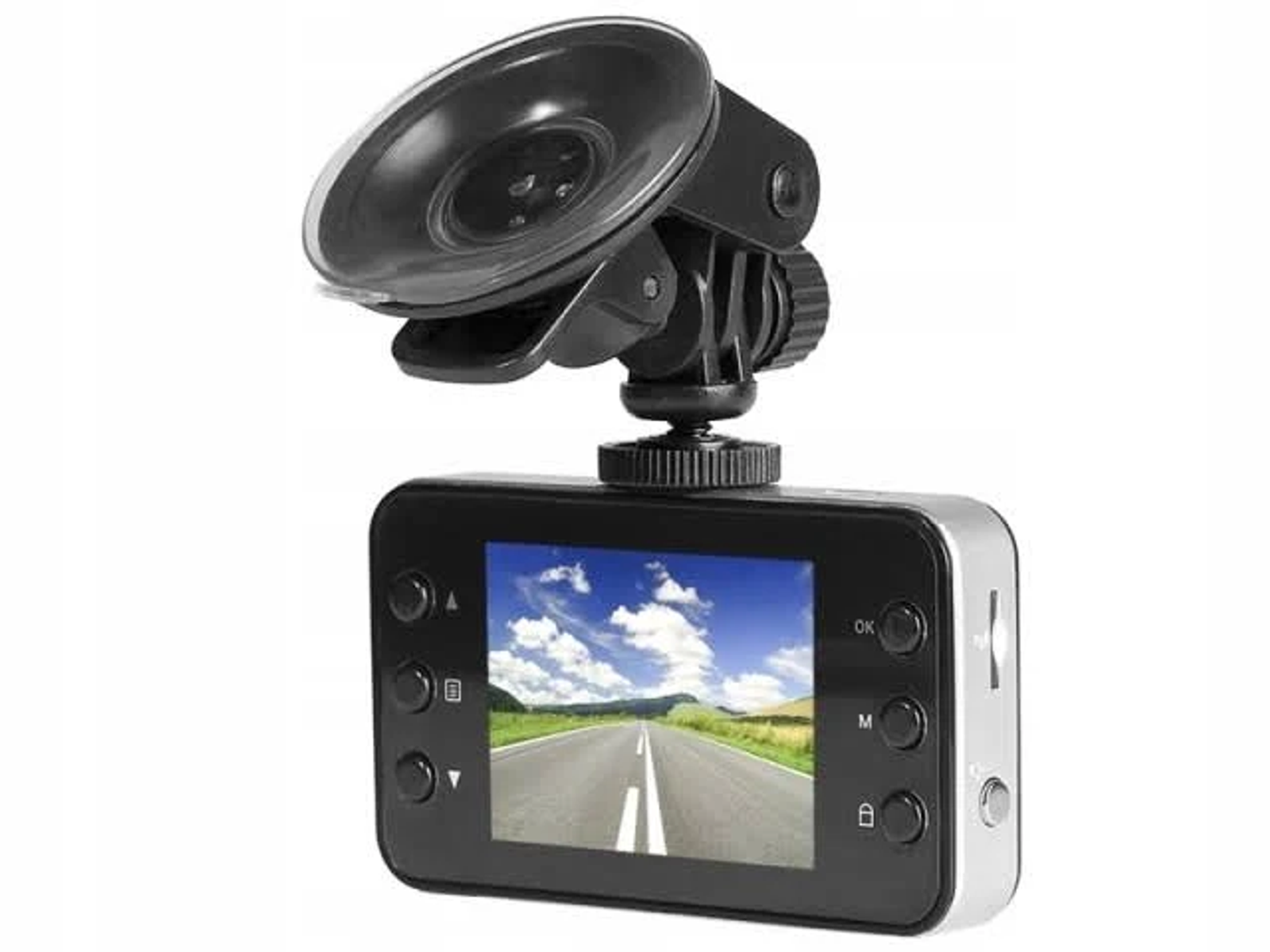 Schwarze Dashcam mit Saugnapfhalterung, zeigt eine Straßenszene auf dem Bildschirm.