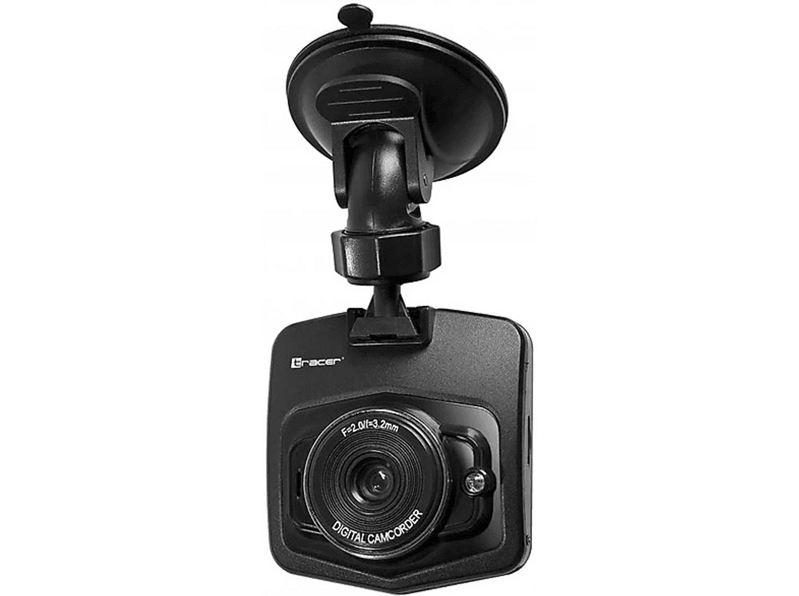Schwarze Dashcam mit Saugnapfhalterung. Linse und das Wort DIGITAL CAMCORDER sind sichtbar.