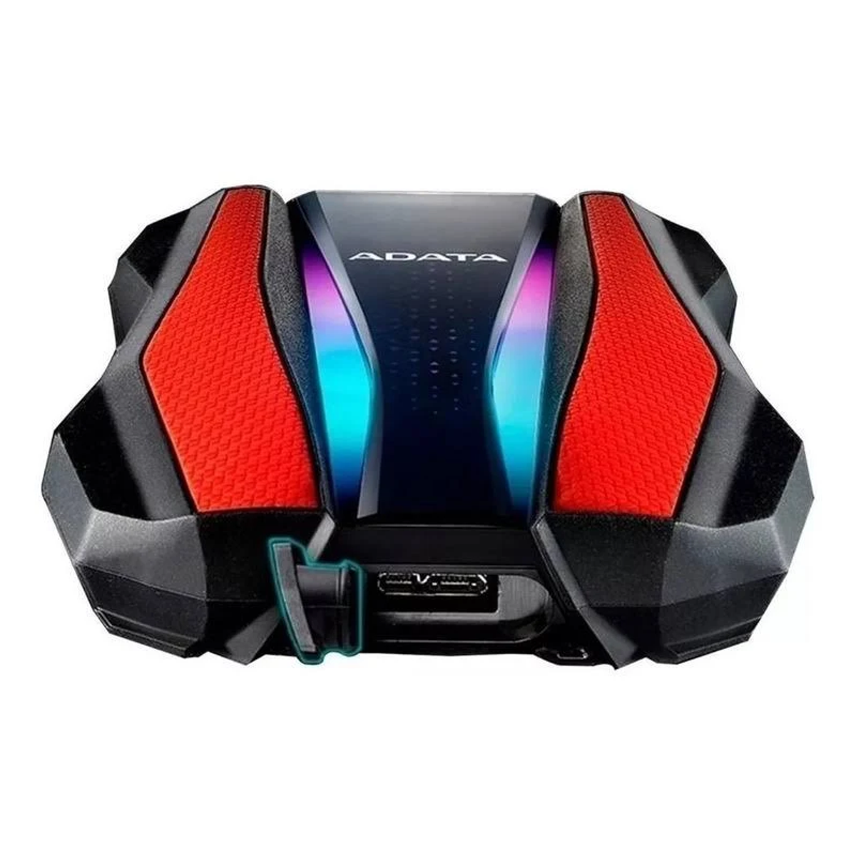 Czarny i czerwony zewnętrzny dysk twardy z diodami LED. Ma logo ADATA.