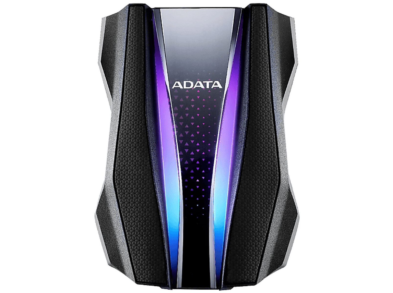 Czarny i srebrny zewnętrzny dysk twardy ADATA, z niebieskim i fioletowym oświetleniem. Sześciokątna tekstura.